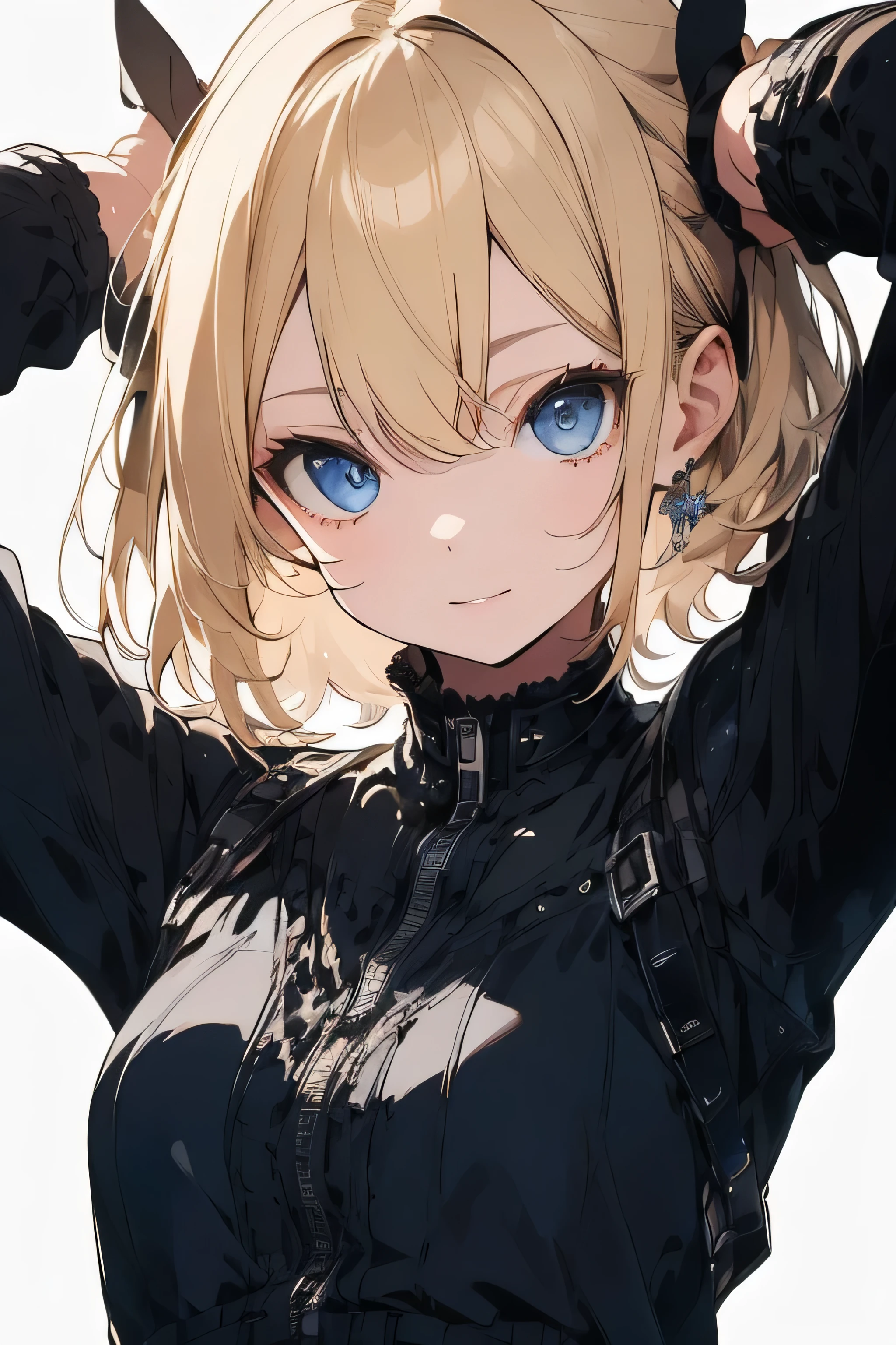 ((highest quality)), ((masterpiece)), (detailed), Perfect Face,Blonde,blue eyes,Black clothes,Fair skin,Bob,,from below,full body