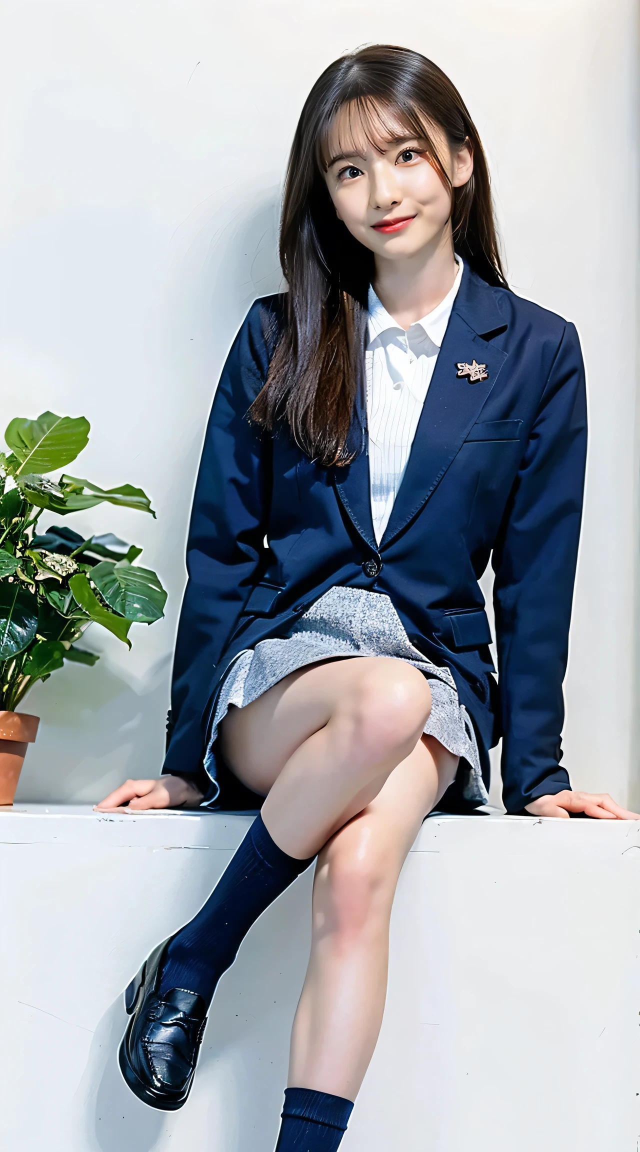 (best quality,8k,RAW,highres,masterpiece:1.2),(realistic,photorealistic:1.37),1girl,((Blazer uniform、mini skirt、navy blue socks、loafers、Are standing、Bedroom)) smiling and facing towards the viewer,sitting with legs apart，open legs,show me underwear，arms up,)long eyelashes,glimmering eyelids,accurate anatomical proportions,detail skin,detail face