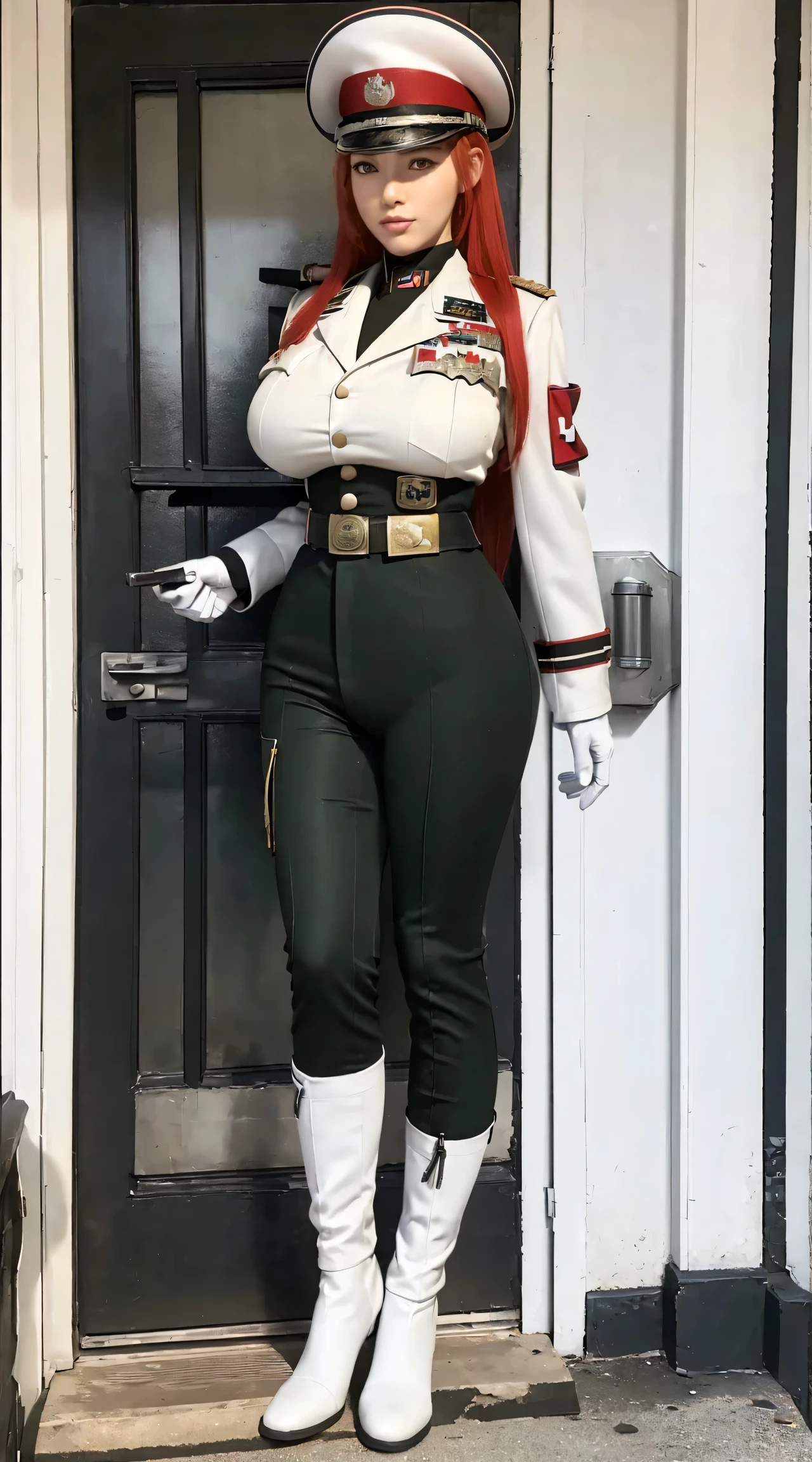physically-based rendering, 1girl, Female soldier, (red hair), (huge fake breasts:1.2), (street city), sexy muscular body, slim waist, big buttocks, (Full body:1.3), standing, skintight army pants white:1.2, (white:1.5 military uniform:1.5).