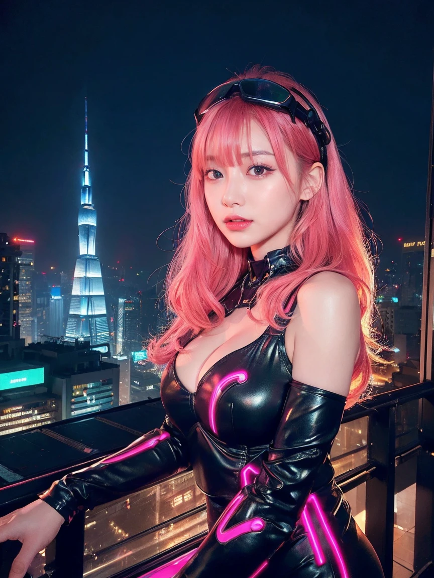 最high quality, masterpiece, 32k、Very detailed、Realistic、1 girl, Japanese women、Cute face, (photo Actual:1.3),Bob Hair(red pink hair color、Pink Hairstyles)、Edge lighting, (Skin with attention to detail:1.2), 8k超High resolution, Single-lens reflex camera, high quality, High resolution, 4K, 8k, Optimal ratio of four fingers to one thumb, (Actual:1.3), cute 1 girl, Realistic、Super Realistic、32k、Very detailed、masterpiece, 最high quality, beautiful girl, beauty、Small breasts, Mecha, Beautiful lighting, (Neon Light:1.2), (night:1.5), Cyberpunk Costume、Sitting,Cyber Neon、Future City、Skyscraper、都会のnight、Shanghai、Big cities、night景、綺麗なnight景