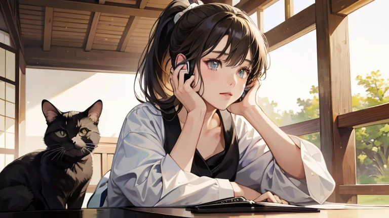 8k wallpaper, Super detailed, beautifully, masterpiece, highest quality, Realistic,Cute Woman, Relax at the cafe, Japanese high school students, ponytail, Japanese anime, masterpiece, Illustrated style, Black cat sitting, The woman is wearing headphones, Natural light,Her hair is light brown and short bob, There is a black cat next to me,