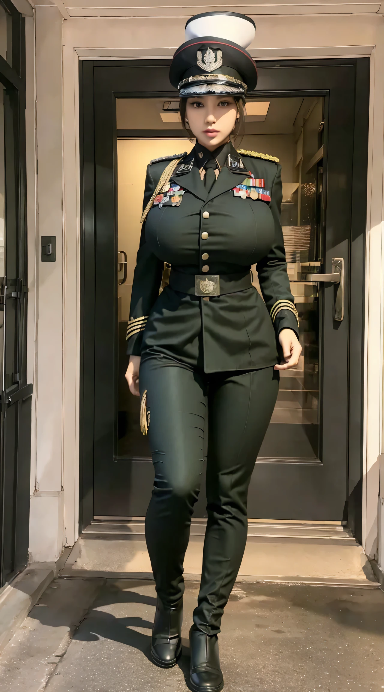 physically-based rendering, 1girl, Female soldier, (huge fake breasts:1.2), (street city), sexy muscular body, slim waist, big buttocks, (Full body:1.3), walking, skintight army pants, (military uniform:1.3).