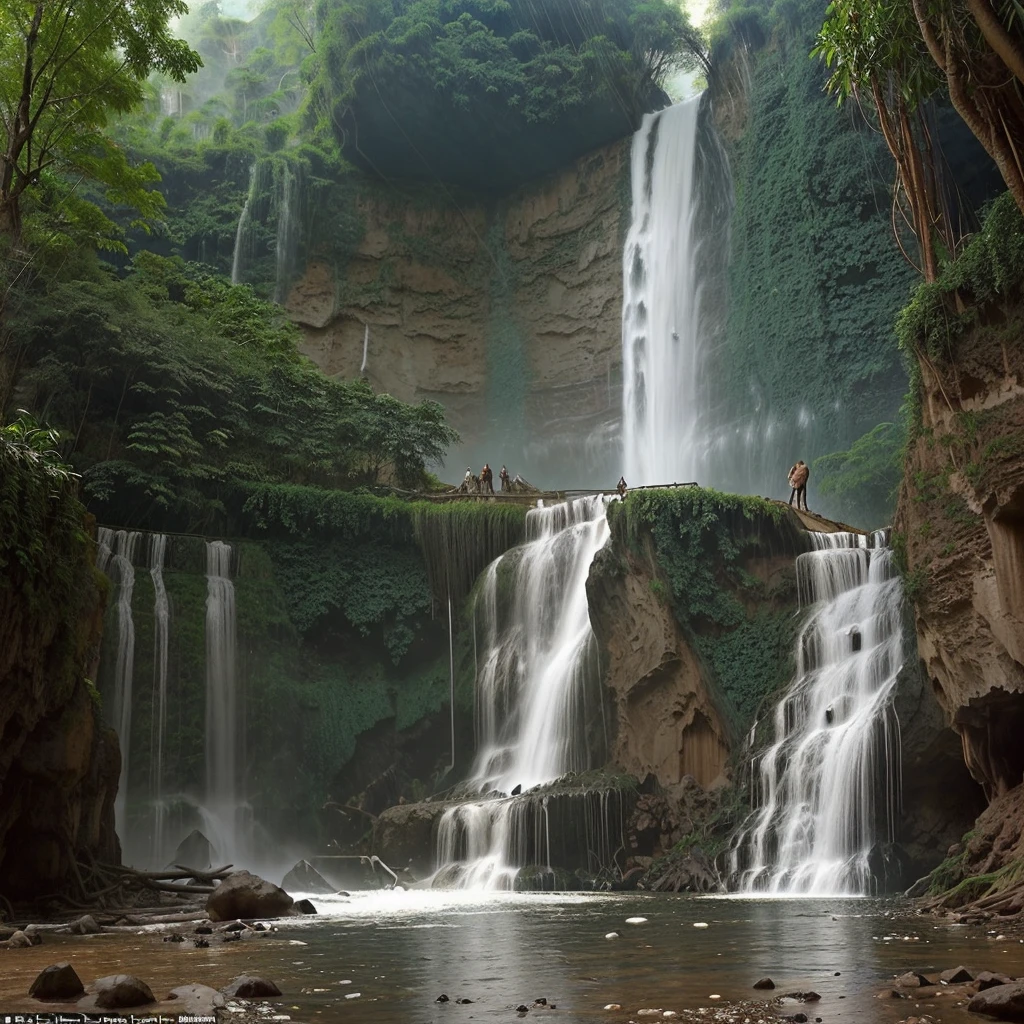Una ciudad antigua rodadada de una cascada super bonita arriba de la cascada se veria un lobo jijante montado por un hombre