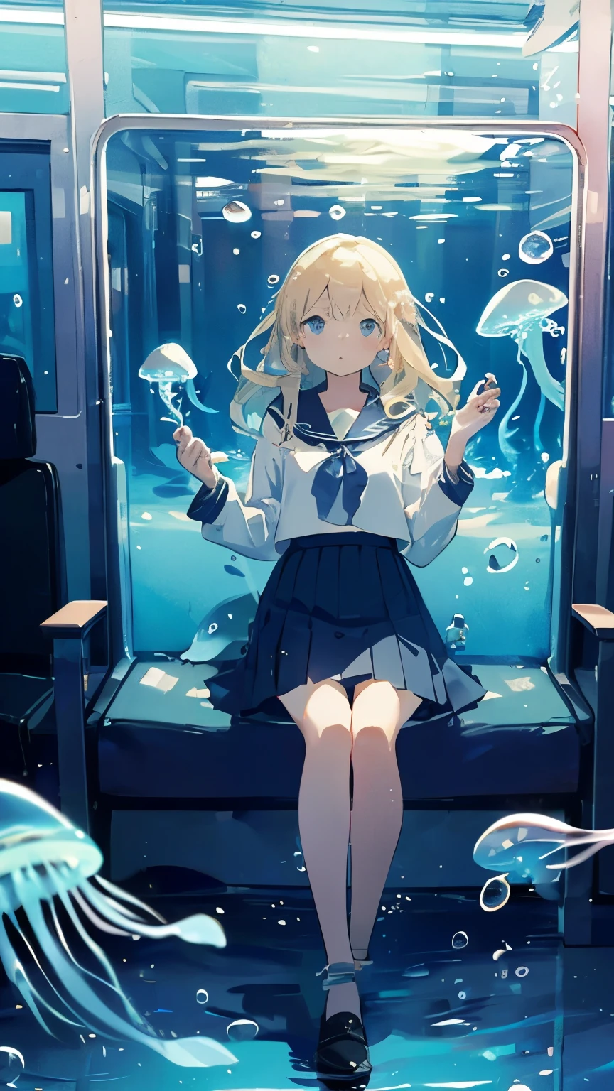 (masterpiece:1.3),(highest quality:1.2),8k,Confused,unity 8k wallpaper,(Very detailed:1.3),the best,High resolution,wonderful,shape,Beautiful studio soft light,Stunningly beautiful,incredibly Confused,Crisp details,Cinema Lighting,Moody lighting,Pixiv,Awards, Professional, Very detailed,Face in perfect detail,14 years old、
transportation facilities_Against_window, 1 girl, alone, Colorful long blonde hair, skirt, Long sleeve, Sitting, , Gray Hair, pleated skirt, shoes, serafuku, fish, bubble, Blue Theme, (Underwater:1.2), (air bubble:1.3), Inside the train, (Surreal:1.2), (jellyfish:1.2), (whale:1.1),(fish:1.2),Blurred foreground,