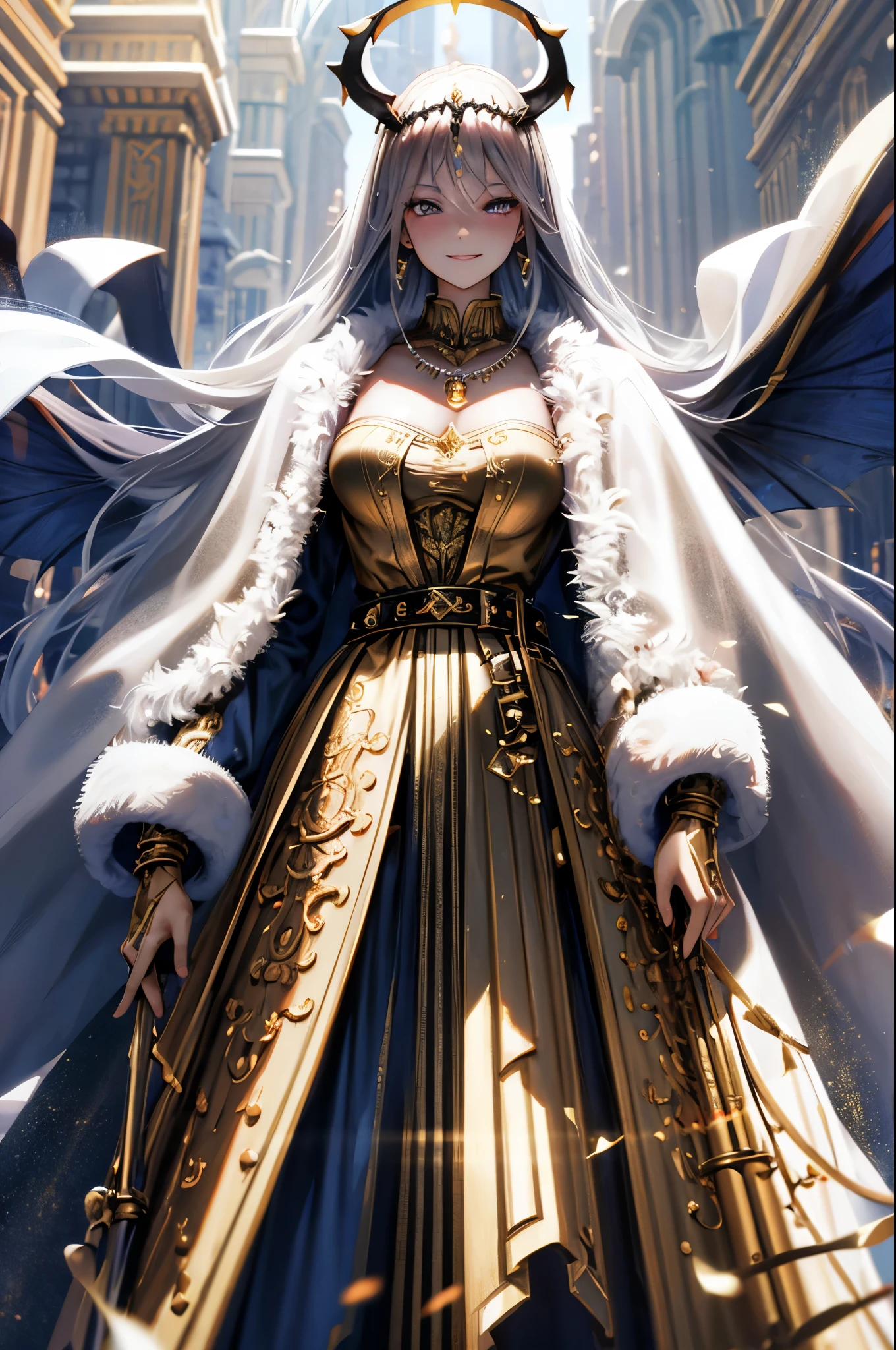 Idol style,Succubus,Inflatable Doll, Advanced art style,works of masters,16K,HD,Scary smile,silver hair,noble,Mink scarf,crutch,full-body shot,golden light,Advanced Cape,necklace,belt,blush,halo,Sexy figure,Lower chest display,Divine Light,Film light and shadow,Domineering,The King's Aura,arrogant,Reduce clothing fabric,Details of the face,looking down,saint,perspective,Bandage wrap around the chest,Tattoo on the chest,Fallen,dark,bicolor hair,earrings,ambiguous,Shining star eyes,Special skill,Advanced special effects,perfect waist to hip ratio,elf earurderous,headgear,HP recovery effect,Bachelor