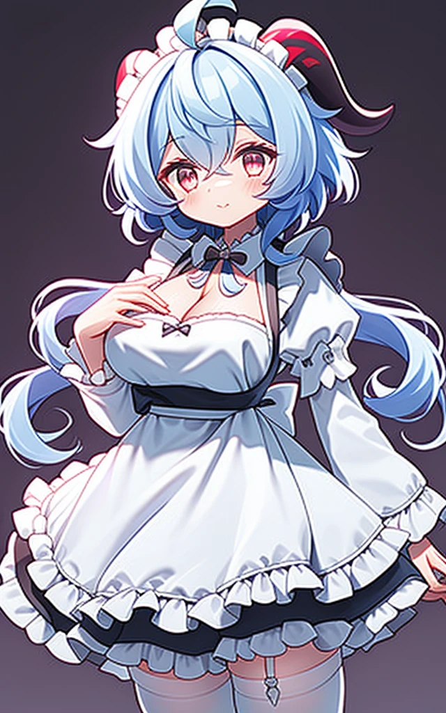 ((8K, Masterpiece, highest quality)), 1 girl, solo, Ganyu (Genshin), breasts, horns, maid, long hair, thigh-high socks, blue hair, ahoge, looking at viewer, white stockings, holding, blush, maid headdress, apron, alternative costume, frills, cleavage, enmaid, bangs, dress, short sleeves, absolute area, black dress, purple eyes, medium breasts, goat horns, frilly dress, very long hair, standing Puffy sleeves, closed mouth, maid apron, side locks, white apron, cowboy shot, puffy short sleeves, red eyes, frilly apron, hair between the eyes, (colorful cloud background blur),