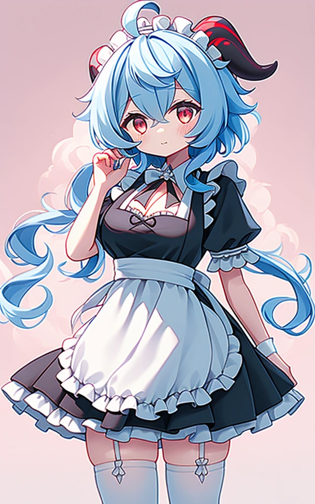 ((8K, Masterpiece, highest quality)), 1 girl, solo, Ganyu (Genshin), breasts, horns, maid, long hair, thigh-high socks, blue hair, ahoge, looking at viewer, white stockings, holding, blush, maid headdress, apron, alternative costume, frills, cleavage, enmaid, bangs, dress, short sleeves, absolute area, black dress, purple eyes, medium breasts, goat horns, frilly dress, very long hair, standing Puffy sleeves, closed mouth, maid apron, side locks, white apron, cowboy shot, puffy short sleeves, red eyes, frilly apron, hair between the eyes, (colorful cloud background blur),