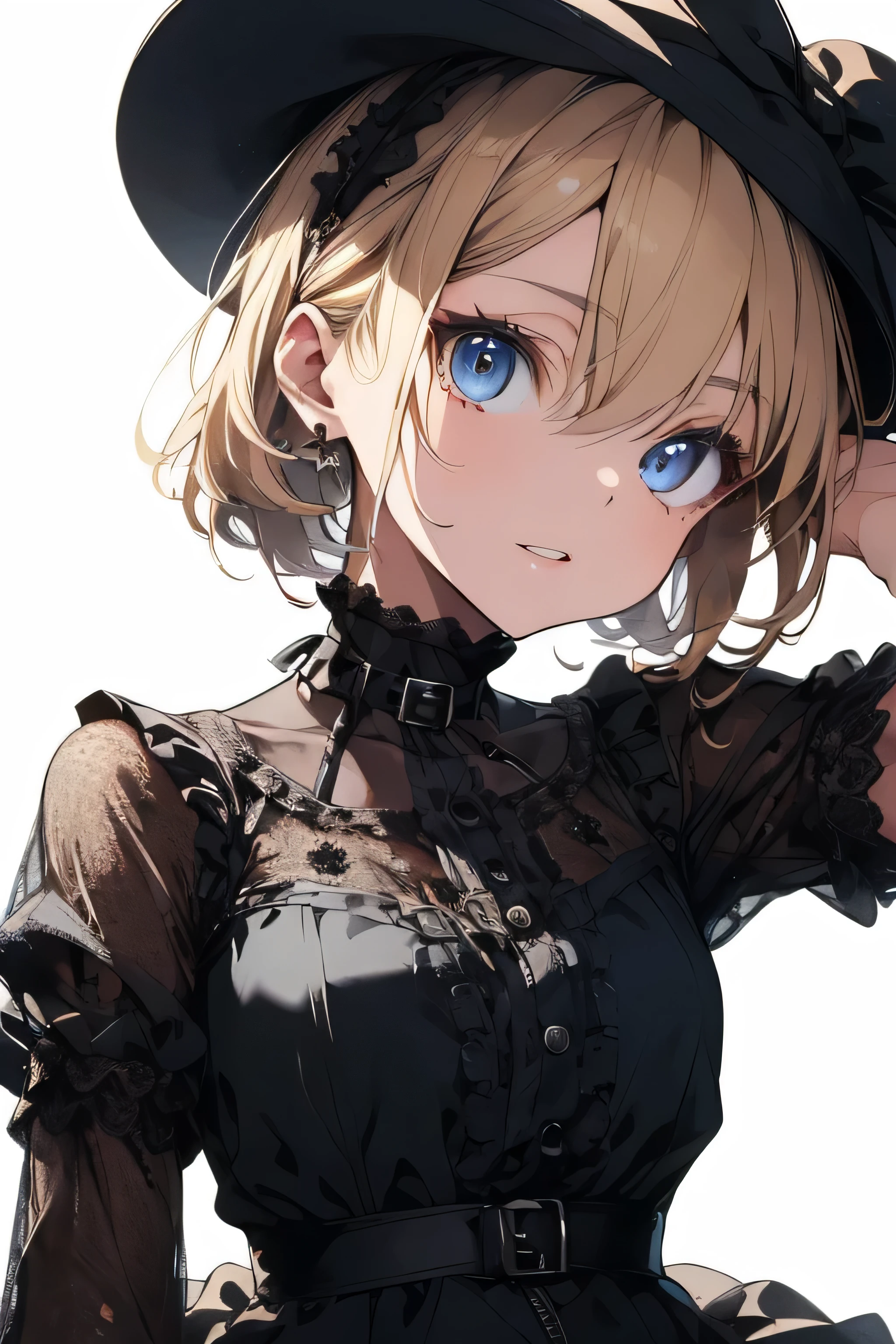 ((highest quality)), ((masterpiece)), (detailed),(pettie),Perfect Face,Blonde,blue eyes,Black clothes,hair,Fair skin,Bob,See-through,gothic ta,from below,see through