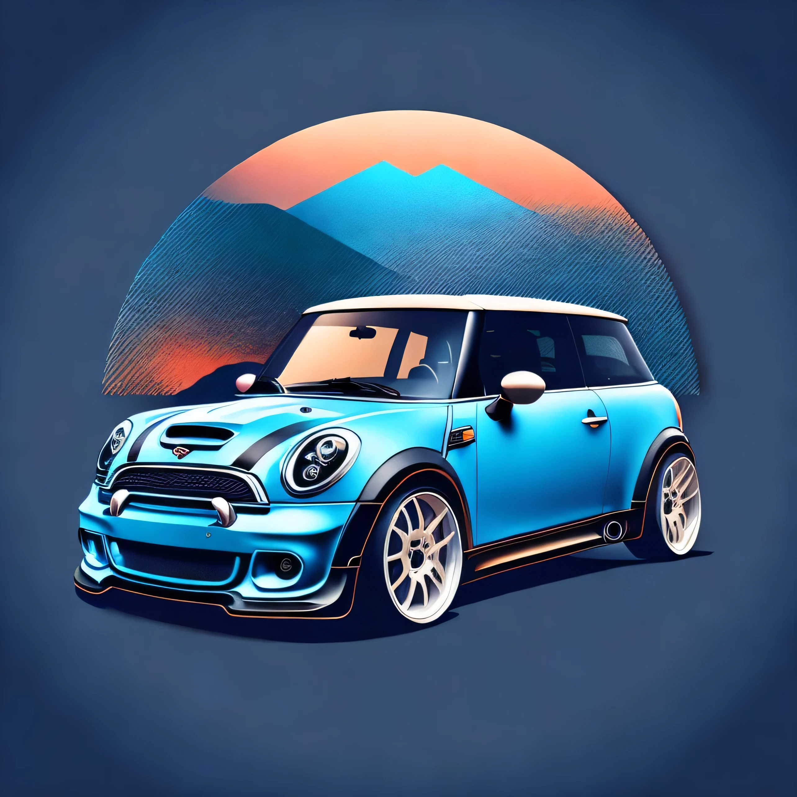 Artwork for t-shirt graphic design, a modern graphic design, Mini Cooper S R56, street, bold blue color, background in vintage pastel tone, highly detailed clean, vector image, realistic masterpiece, professional photography, realistic car, car sunrise background, flat black background, isometric, vibrant vector