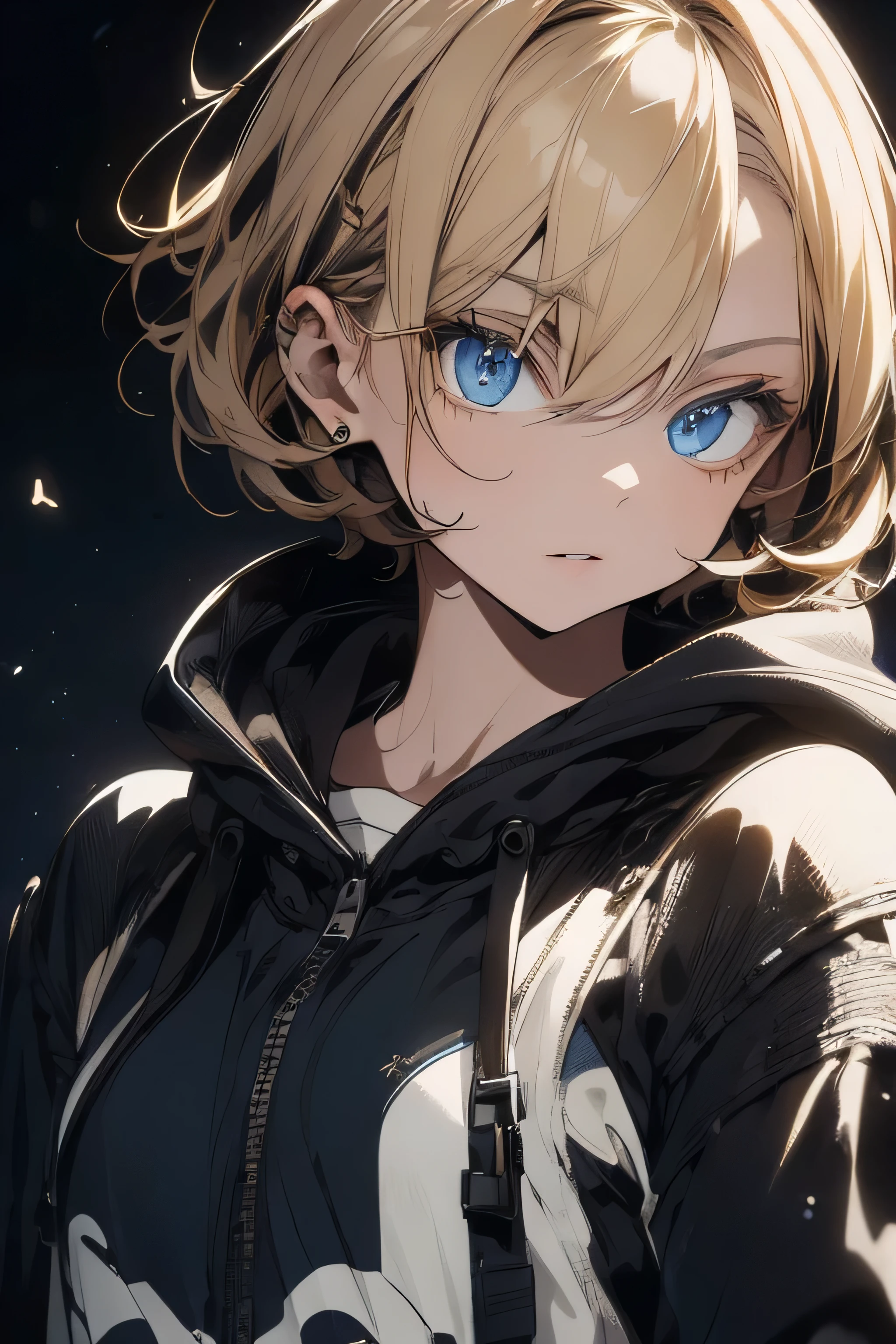 ((highest quality)), ((masterpiece)), (detailed),(pettie),Perfect Face,Blonde,blue eyes,Black clothes,hair,Fair skin,Bob,hoodie,gun,upper body