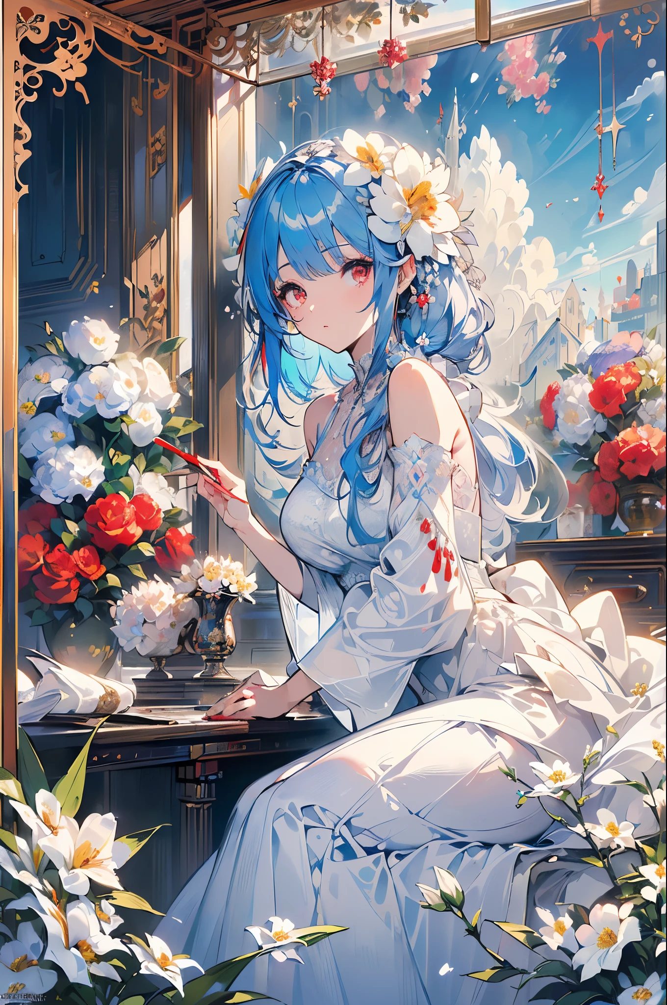((best quality)), ((masterpiece)), ((Super detailed)), (illustration), (Detailed lighting), (an extremely delicate and fair), ((prune)), incredible_absurd, (Ray Tracing), (reflected light), ((Movie Posters)), (sign:1.3), (English text:1.3), rest (8k:1.3), wallpaper, 1 Girl, (Girl among flowers:1.4), (Pure sky blue hair, Red Eyes:1.5), Clear skies, external, Super detailed, best quality, Ultimate quality, masterpiece, fair, beautiful, sit on the floor, (Absurdly long hair, Clear boundaries of cloth:1.4), (Pure white dress, Pure white silk cloth:1.5), (Flower land, A thousand flowers, Colorful flowers, The flowers around her, Various flowers:1.51), young, amazing, attractive, Sundress, Wonderful scenery, Pure white shoes