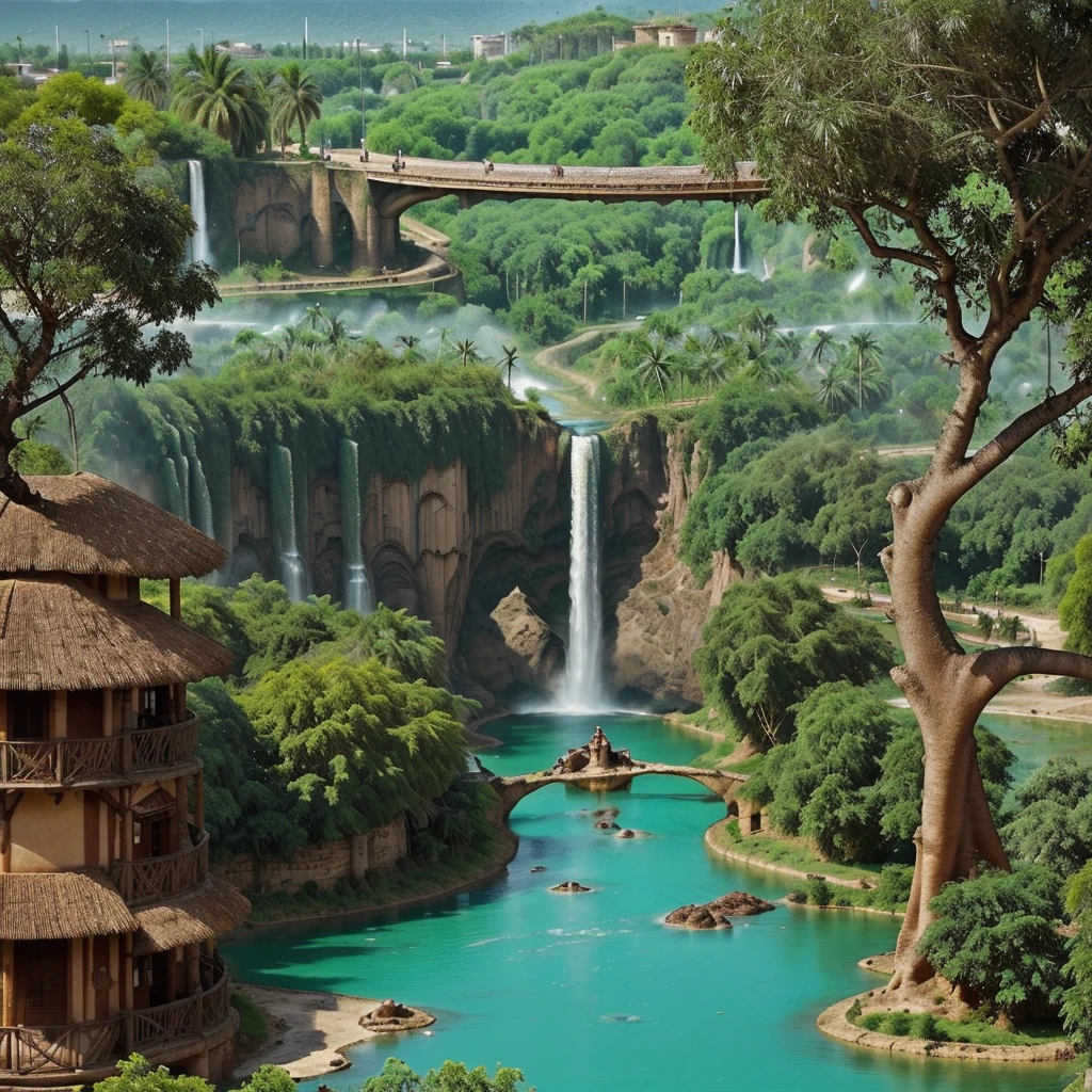 Una ciudad antigua rodadada de una cascada super bonita seria un plano desde arriba de la ciudad seria una ciudad donde abrian rios, arboles, casas, un castillo y hay yn recinto para cocodrilos