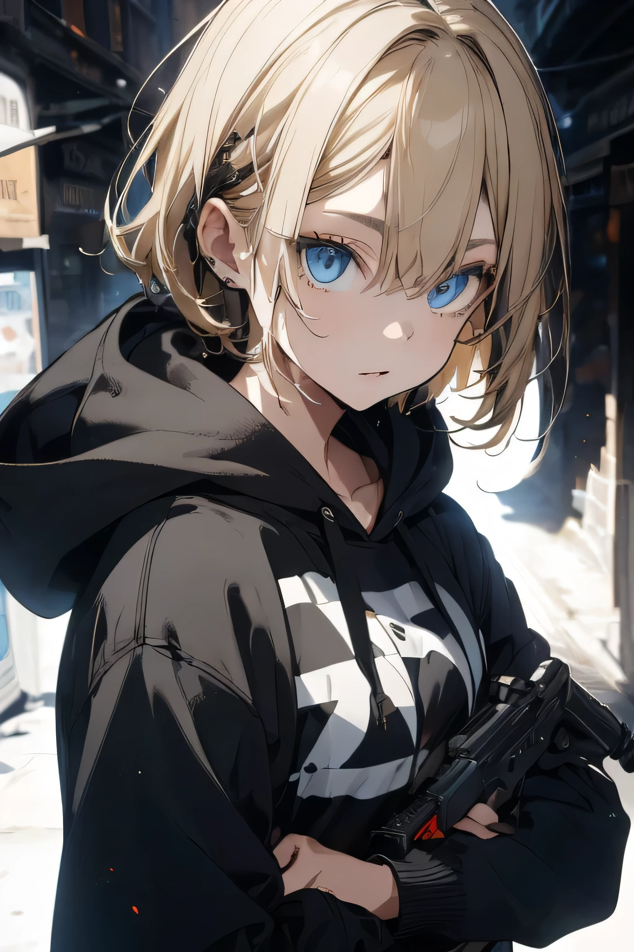 ((highest quality)), ((masterpiece)), (detailed),(pettie),Perfect Face,Blonde,blue eyes,Black clothes,hair,Fair skin,Bob,hoodie,gun