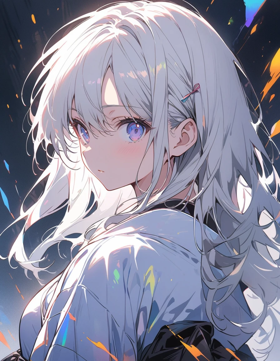 (Partial Mosaic, White Hair Girl, knife), Grayscale Shades, sketch, Minimalist Style, Monochrome background street art、(highest quality、masterpiece、High resolution、detailed)、animeスタイル、Flat Style、(eyes shining iridescent colors illuminated light,detailed美しい顔), BREAK,Dynamic Angle、extremely detailed、anime