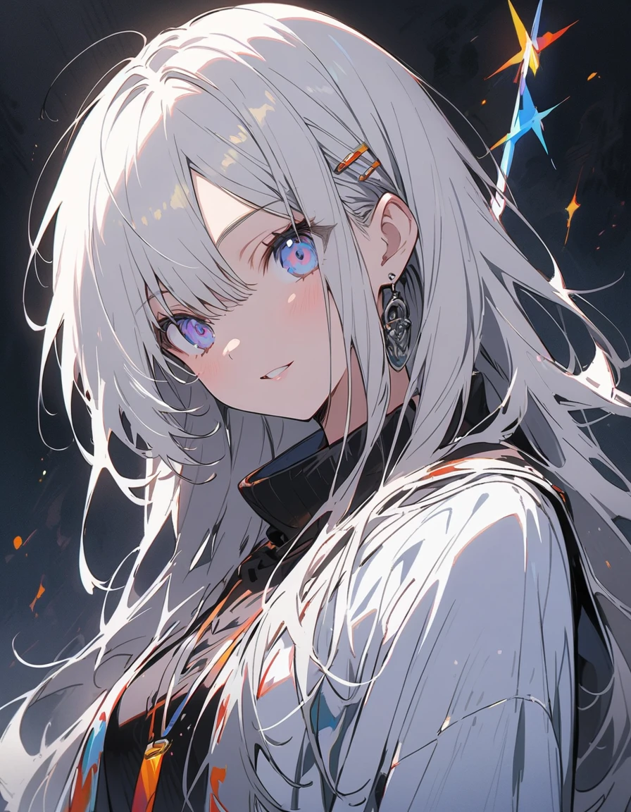 (Partial Mosaic, White Hair Girl, knife), Grayscale Shades, sketch, Minimalist Style, Monochrome background street art、(highest quality、masterpiece、High resolution、detailed)、animeスタイル、Flat Style、(eyes shining iridescent colors illuminated light,detailed美しい顔),  BREAK,Dynamic Angle、extremely detailed、anime