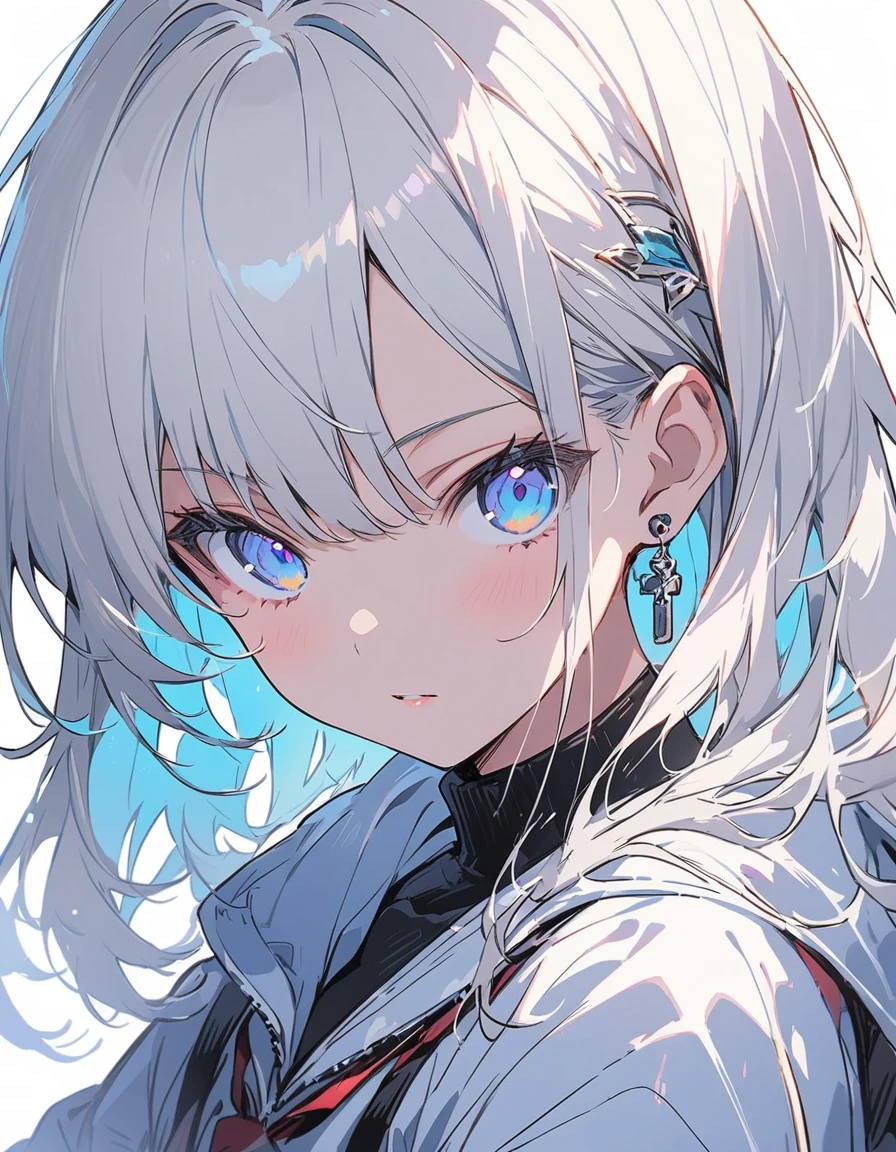 (Partial Mosaic, White Hair Girl, knife), Grayscale Shades, sketch, Minimalist Style, Monochrome background street art、(highest quality、masterpiece、High resolution、detailed)、animeスタイル、Flat Style、(eyes shining iridescent colors illuminated light,detailed美しい顔), BREAK,Dynamic Angle、extremely detailed、anime