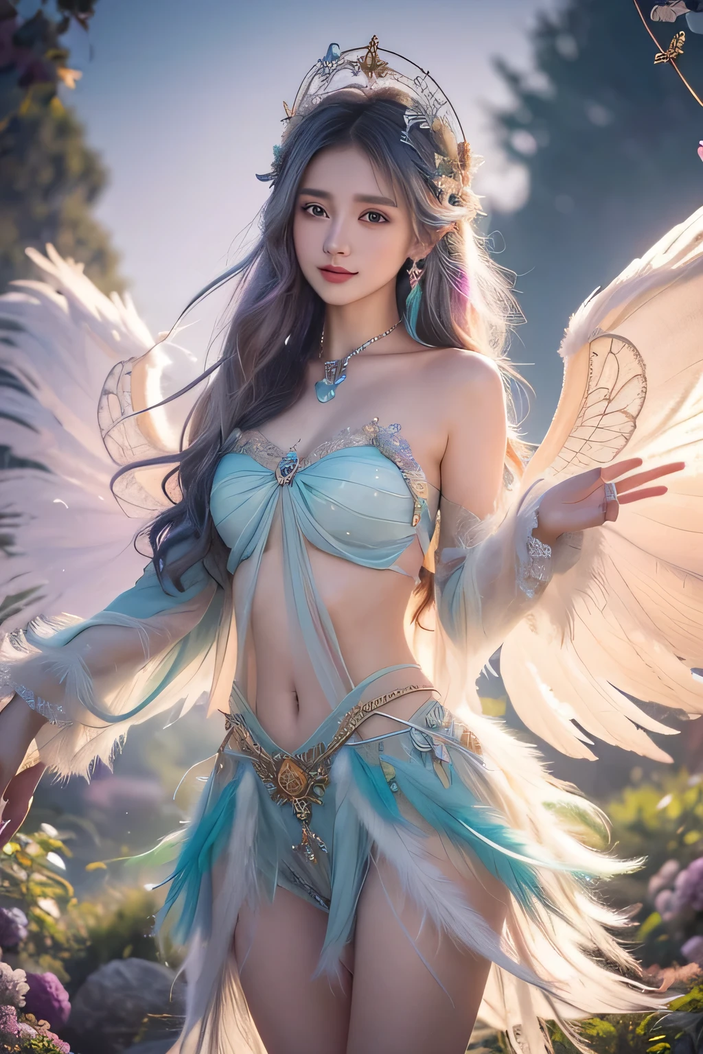 1girl, 23 years old, standing regal with open hands, symmetrical and fractal, multi-color pastel long hair, colorful (1.2), lies in a bird's nest and hatches (1.2), perfect face, sexy linagerie, oil smooth skin, kinky and sexy smile, looking at the viewer, fairy wings, Big fairy wings, multi color pastel feather wings, fairy vibe , background of mystic realm and magic, the particles of magic light with multi color , wind forming particles in seamless fractal pattern, warm light, epic scene , HDR+, extreme detailed ,Nikon D850, masterpiece, devianart, photo-real painting