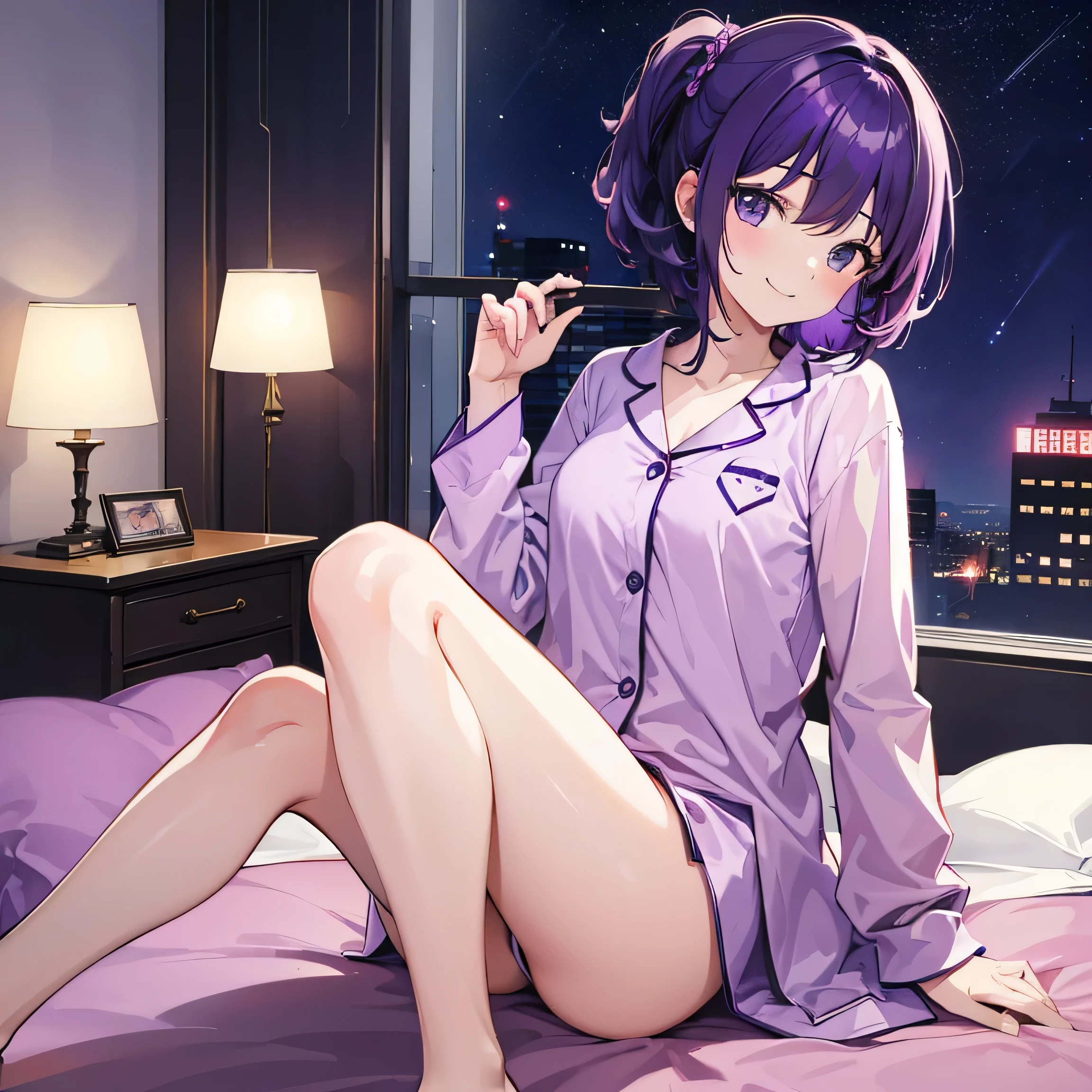 (T Masterpiece,4k wallpaper,Best Quality))、((girl1people))、(solo)、Bright and Brilliant,(Purple Hair)、(Shortcuts:1.3)、smile、Bedroom、pajamas、night