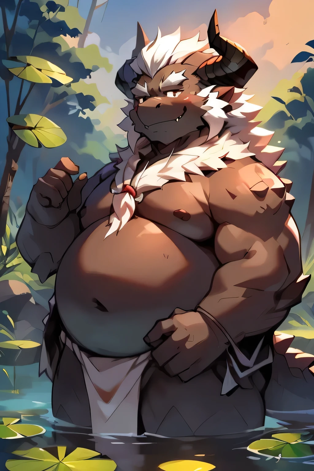 dragon,solo,male,old,elder,senior,east asian clothing,japanese clothing,small eyes,humaniod,humaniod hands,black body,overweight,fat face,chubby body,big,tall,black moobs,black skin,black belly,white hair,short horn,short mouth,white fundoshi,lily pad,smlie,tender