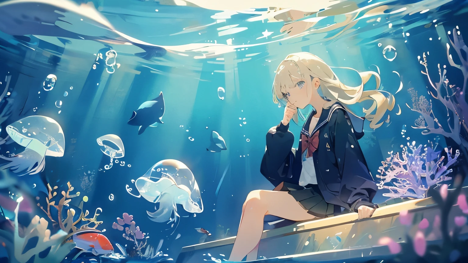 (masterpiece:1.3),(highest quality:1.2),8k,Confused,unity 8k wallpaper,(Very detailed:1.3),the best,High resolution,wonderful,shape,Beautiful studio soft light,Stunningly beautiful,incredibly Confused,Crisp details,Cinema Lighting,Moody lighting,Pixiv,Awards, Professional, Very detailed,Face in perfect detail,14 years old、
transportation facilities_Against_window, 1 girl, alone, Colorful long blonde hair, skirt, Long sleeve, Sitting, , Gray Hair, pleated skirt, shoes, serafuku, fish, bubble, Blue Theme, (Underwater:1.2), (air bubble:1.3), Inside the train, (Surreal:1.2), (jellyfish:1.2), (whale:1.1),(fish:1.2),Blurred foreground,