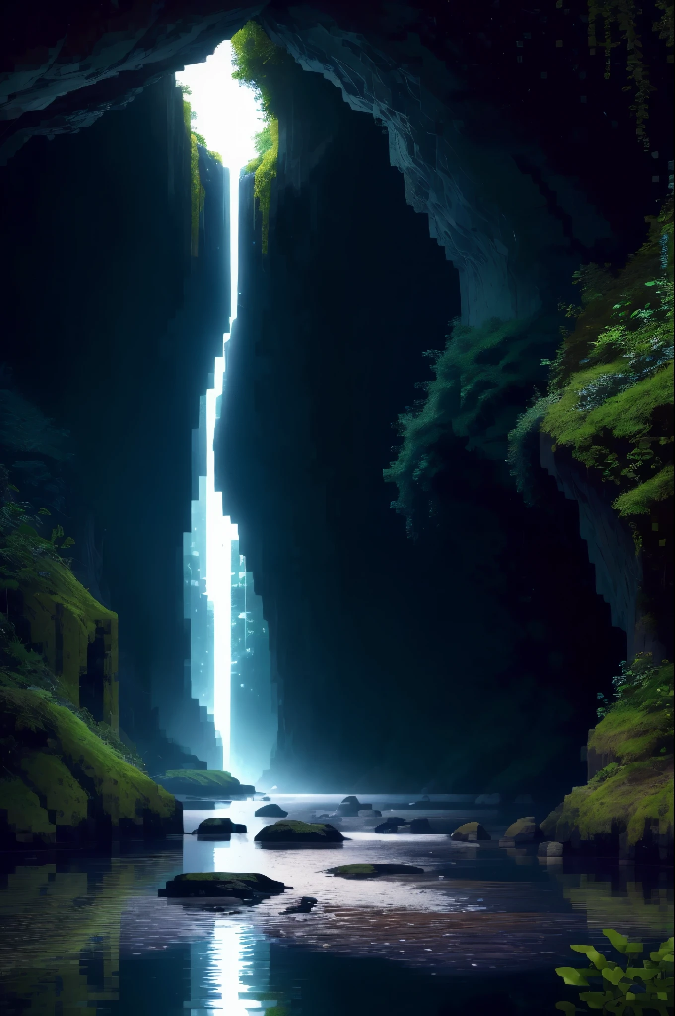 (best quality,highres,photorealistic:1.2),dark,lit from outside,cave with a running river inside,light coming from the background,scenic,underground landscape,water stream flowing,serene atmosphere,subterranean beauty,detailed textures and formations,shadows and highlights,reflection of light on the water,mysterious cavern,hidden allure,ethereal glow,rays of light piercing through the darkness,subtle ripples in the water,cool and damp environment,curved stone walls,crystal clear water,peaceful ambiance,eerie echoes,hidden wonders