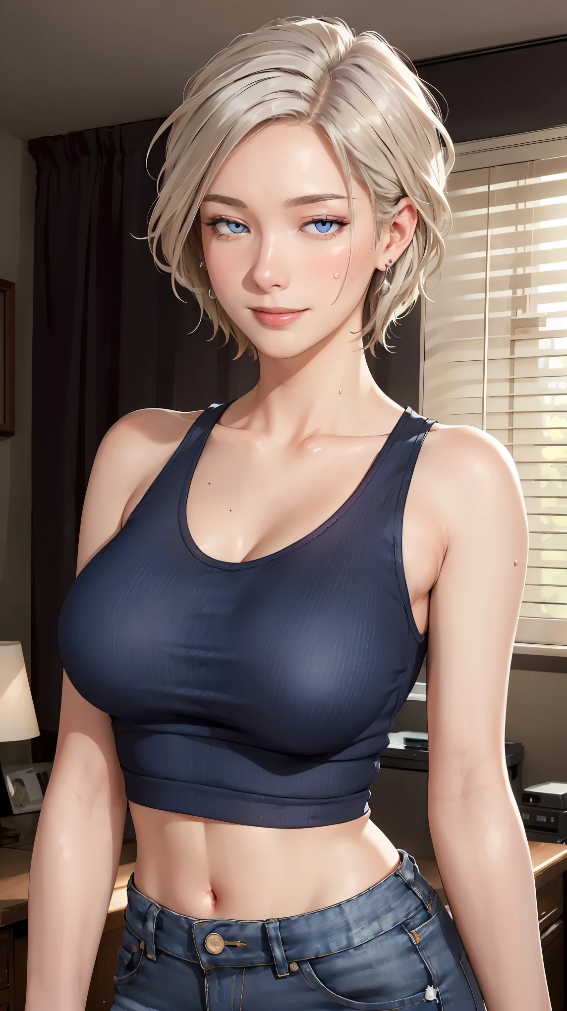 ((((masterpiece, best quality, high resolution)))), Extremely detailed 8K, Beautiful girl with voluptuous body, (Ultra HD, Ultra-detailed, Highly detailed, Highly realistic, Ultra-realistic, photograph realistic), (1girl:1.5), (Realistic white hair), (short wavy hair, earrings), (dynamic poses), facing at camera, looking at viewer, (blushing red, embarrassed, smile), (purple eyes, sharp eyes), (perky breasts:1.2), (beautiful detailed face, beautiful detailed eyes), ((black tank top, blue jeans)), (standing up), sweat, glow, (sunbeam, sunlight), ((closeup shot)), bedroom