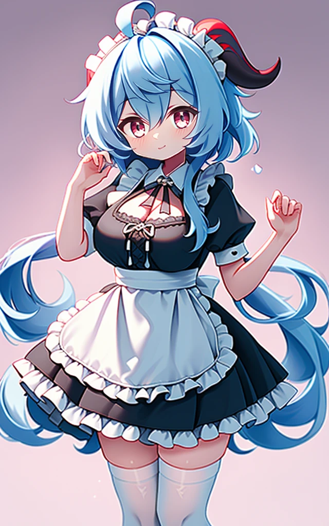 ((8K, Masterpiece, highest quality)), 1 girl, solo, Ganyu (Genshin), breasts, horns, maid, long hair, thigh-high socks, blue hair, ahoge, looking at viewer, white stockings, holding, blush, maid headdress, apron, alternative costume, frills, cleavage, enmaid, bangs, dress, short sleeves, absolute area, black dress, purple eyes, medium breasts, goat horns, frilly dress, very long hair, standing Puffy sleeves, closed mouth, maid apron, side locks, white apron, cowboy shot, puffy short sleeves, red eyes, frilly apron, hair between the eyes, (colorful cloud background blur)1.2,