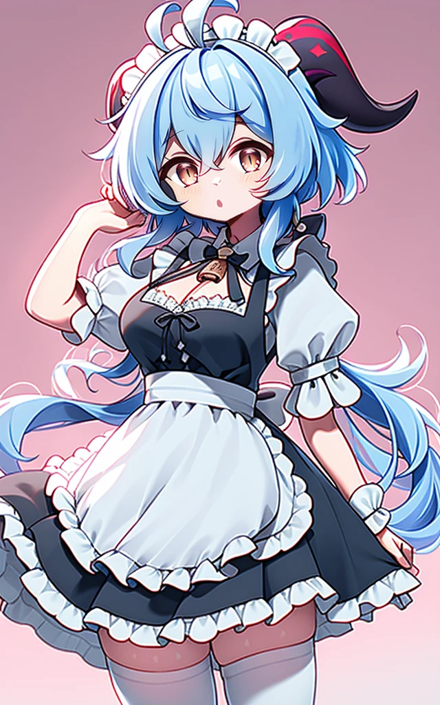 ((8K, Masterpiece, highest quality)), 1 girl, solo, Ganyu (Genshin), breasts, horns, maid, long hair, thigh-high socks, blue hair, ahoge, looking at viewer, white stockings, holding, blush, maid headdress, apron, alternative costume, frills, cleavage, enmaid, bangs, dress, short sleeves, absolute area, black dress, purple eyes, medium breasts, goat horns, frilly dress, very long hair, standing Puffy sleeves, closed mouth, maid apron, side locks, white apron, cowboy shot, puffy short sleeves, red eyes, frilly apron, hair between the eyes, (colorful cloud background blur)1.2,