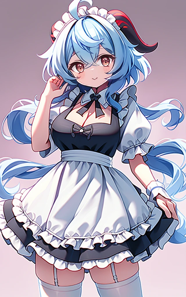 ((8K, Masterpiece, highest quality)), 1 girl, solo, Ganyu (Genshin), breasts, horns, maid, long hair, thigh-high socks, blue hair, ahoge, looking at viewer, white stockings, holding, blush, maid headdress, apron, alternative costume, frills, cleavage, enmaid, bangs, dress, short sleeves, absolute area, black dress, purple eyes, medium breasts, goat horns, frilly dress, very long hair, standing Puffy sleeves, closed mouth, maid apron, side locks, white apron, cowboy shot, puffy short sleeves, red eyes, frilly apron, hair between the eyes, (colorful cloud background blur)1.2,