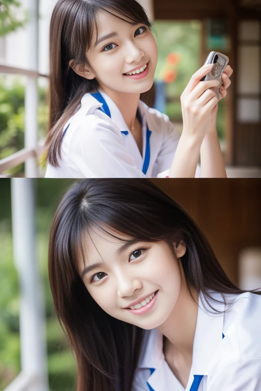 Four girls in uniform are taking a photo, Pointing index finger, 8k!, 8k!!, Happy!!!, 🚿🗝📝, SSAO8K, Japanese High School, JK Uniform, 4k Racepost, Post in 4K, Selfie in 8k, 4K!, 最high quality、high quality、Extremely detailed photos、Eye for detail、Super detailed face、Ultra-detailed hair、Ultra-detailed body、8k, Raw photo, masterpiece, High-resolution RAW color photos、Professional close-up photography, Realistic, Photorealism , 最high quality, Best Shadow, Best illustrations, Ultra-high resolution, High-resolution CG integrated physically based renderer, Perfect Anatomy ,The background is blurred , Physically Based Rendering、High Resolution, Perfect Legs、Perfect Fingers、Perfect hands、Perfect body、The beauty of symmetry、Beautiful symmetry、Beautiful Teeth、Beautiful Teeth alignment、Japanese people model、Perfect Face,cute, Cowboy Shot , Professional Lighting、1 Japanese girl,Slim face、乳首の谷間が最high quality、8k、masterpiece、Natural Makeup、Lip gloss、Exposed breasts、Open legs、Seductive posture,