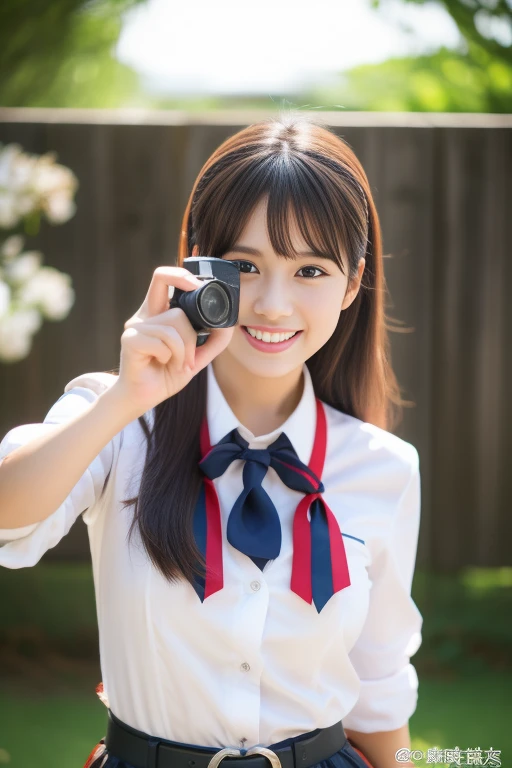 Four girls in uniform are taking a photo,  Pointing index finger, 8k!, 8k!!, Happy!!!, 🚿🗝📝, SSAO8K, Japanese High School, JK Uniform, 4k Racepost, Post in 4K, Selfie in 8k, 4K!, 最high quality、high quality、Extremely detailed photos、Eye for detail、Super detailed face、Ultra-detailed hair、Ultra-detailed body、8k, Raw photo, masterpiece, High-resolution RAW color photos、Professional close-up photography, Realistic, Photorealism , 最high quality, Best Shadow, Best illustrations, Ultra-high resolution, High-resolution CG integrated physically based renderer, Perfect Anatomy ,The background is blurred , Physically Based Rendering、High Resolution, Perfect Legs、Perfect Fingers、Perfect hands、Perfect body、The beauty of symmetry、Beautiful symmetry、Beautiful Teeth、Beautiful Teeth alignment、Japanese people model、Perfect Face,cute, Cowboy Shot , Professional Lighting、1 Japanese girl,Slim face、乳首の谷間が最high quality、8k、masterpiece、Natural Makeup、Lip gloss、Exposed breasts、Open legs、Seductive posture, 