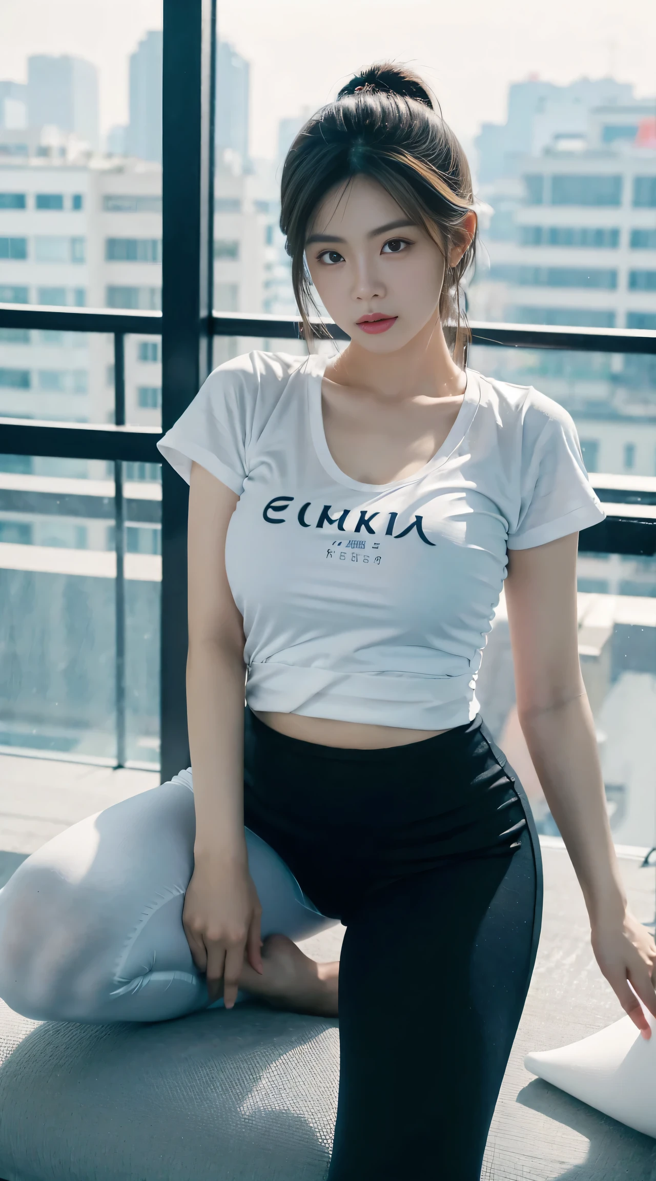 A Chinese woman on the rooftop of the top floor of a tall building at night, fluffy hair, delicate face, bright, real girl, large aperture, wearing white tight yoga pants trousers, wearing black yoga shirt, short sleeve yoga shirt, letter yoga shirt, macro shot, plump, slightly fat, standing, frontal shooting, very plump, sexy,