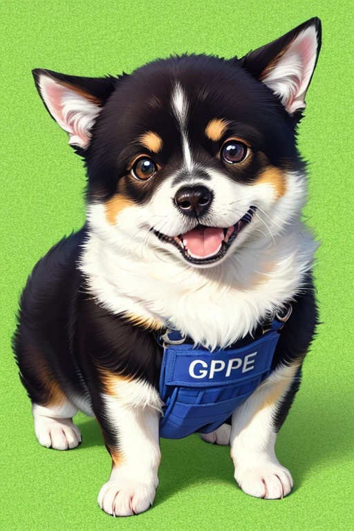 Shiba Inu(puppy、black、Round eyes、LAPD Gear)
background(green and blue)
