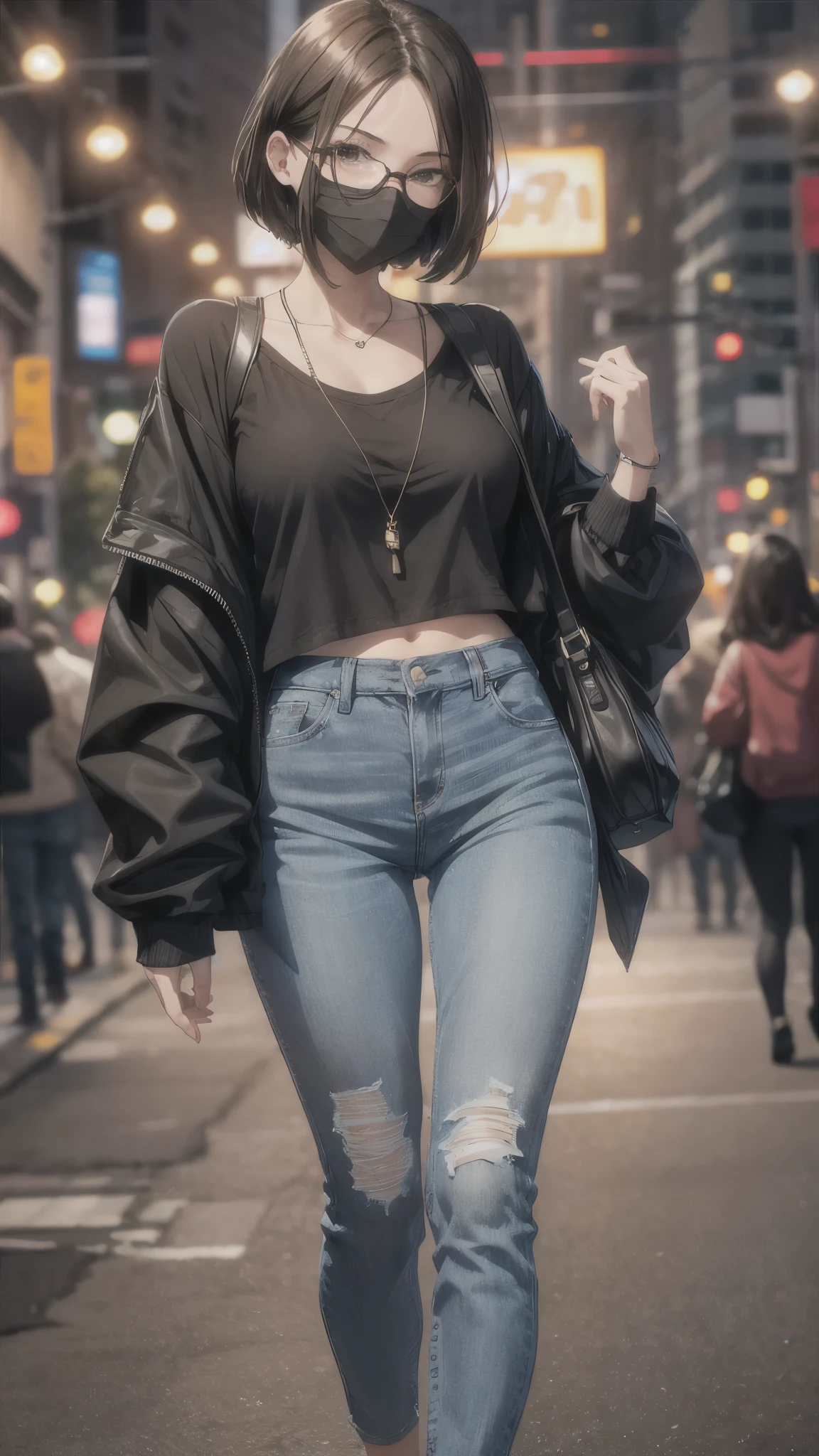 Hotel at night,Inside the room,whole body,30-year-old woman,Slender body,She is wearing heavy makeup,She wears glasses,Brown short bob hair,anger,Glare,Severe,(She is wearing a mask,She has a shoulder bag,Y-shirt,Denim Leggings,sneakers)