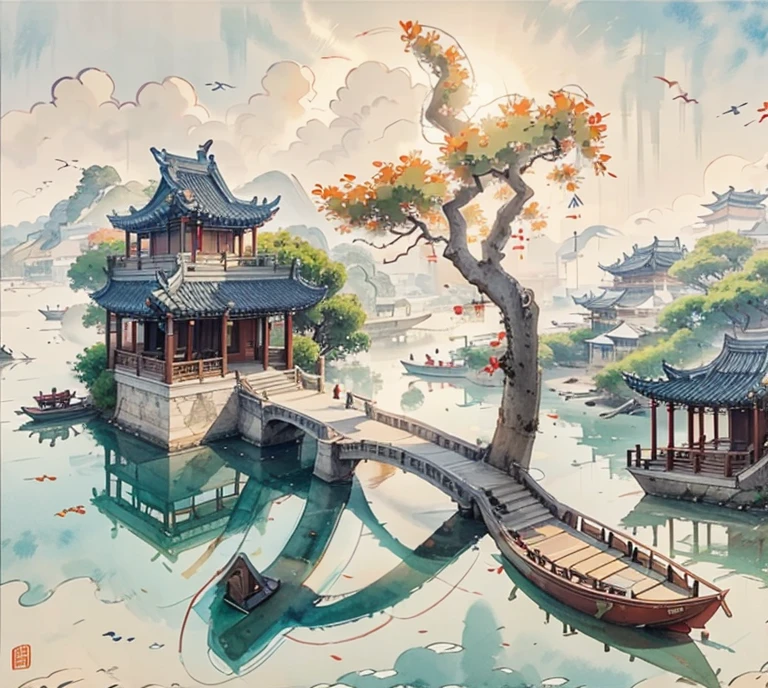 Ancient Chinese buildings on an isolated island，pavilion，Bamboo miscellaneous tree，cloud，Green Trees，Orange Tree, Chinese watercolor style, Chinese painting风格, Chinese scenery, Traditional Chinese watercolor painting, Chinese painting, High Detail Watercolor 8K, Highly detailed watercolor 8k, Reflection on the Seine，Click，Light and Shadow的界限清晰，Light and Shadow，Light and shadow effects