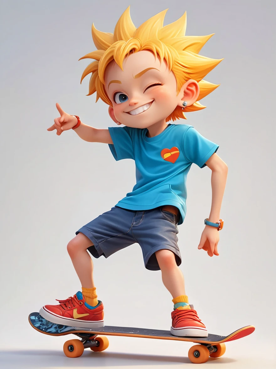 A cartoon character, best described as a playful young boy with spiky yellow hair, wearing an orange t-shirt, blue shorts, and red shoes. He possesses a mischievous grin that often accompanies the troubles he ignites in his unnamed town. He's known for his skateboarding skills and a nonchalant attitude,3D Rendering,Solid color background,chibi anime,Surrealism, Cartoon Style, full-body shot, Super Detail, Anatomically correct, masterpiece, precise