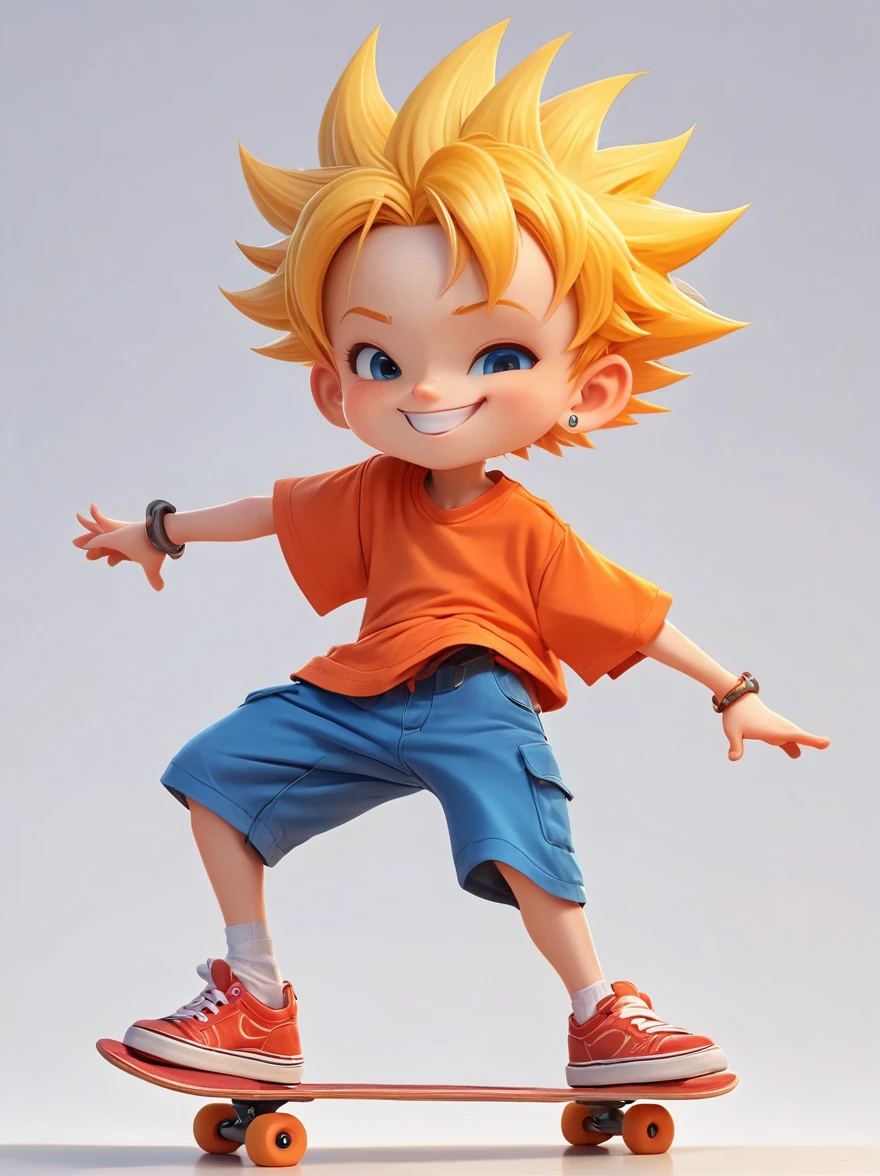 A cartoon character, best described as a playful young boy with spiky yellow hair, wearing an orange t-shirt, blue shorts, and red shoes. He possesses a mischievous grin that often accompanies the troubles he ignites in his unnamed town. He's known for his skateboarding skills and a nonchalant attitude,3D Rendering,Solid color background,chibi anime,Surrealism, Cartoon Style, full-body shot, Super Detail, Anatomically correct, masterpiece, precise
