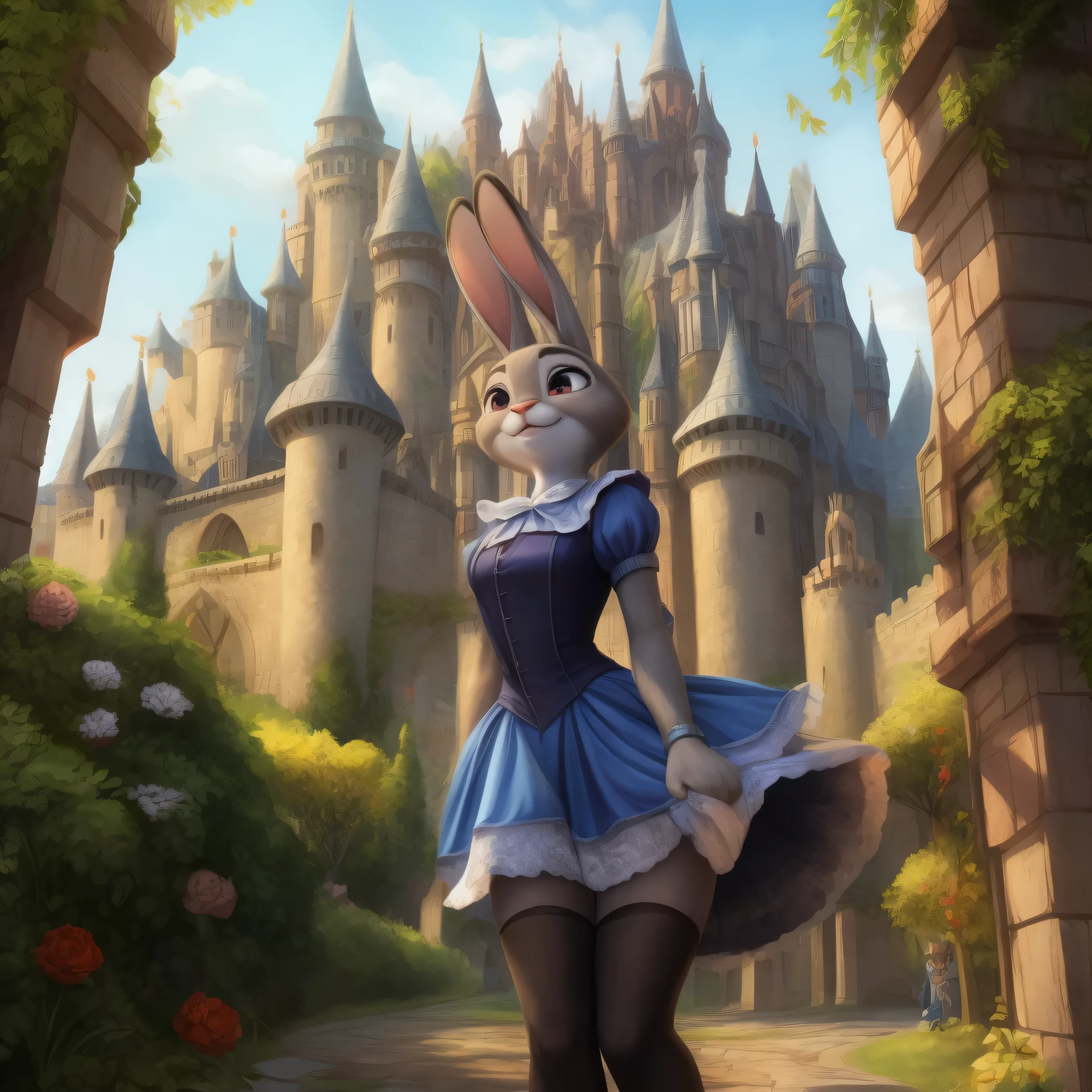 Judy Hopps, alice in the wonderland, stockings, black skirt, black shirt, castle on the background