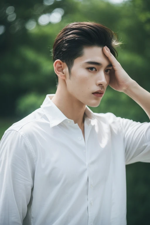 ( (8k:1.27), 4K,highest quality, masterpiece, Ultra-high resolution:1.2) chinese man photos, Young Man,Perfect Face,Perfect body,White shirt,See-through clothing,Exposing your abs,Real Skin,Super Detail