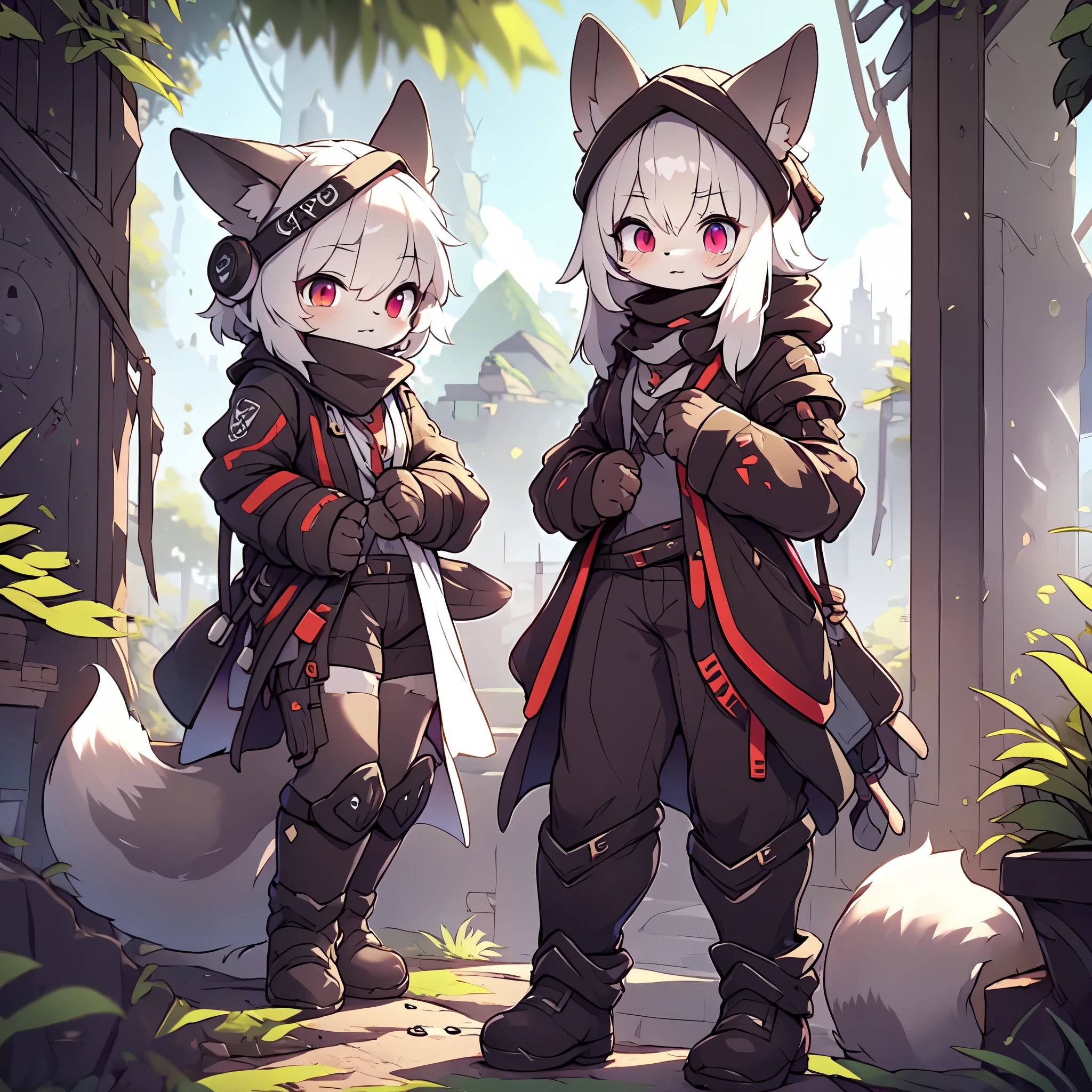 Kawaii, Striped Fluffy Fox, emaciated, long hair, 3girls, artificial synthetic skin, life support prosthetics, digital headphones, black tight latex bodysuit, white long dress, thigh-high-socks, shorts, loose off-the-shoulder hood open jacket, holsters in thigh, Mechanical boots, tactical knee pads, tactical belted loose Arm Sleeves, cybernetic Display gloves, chest rigs, tactical belts, blue archive halo, bulletproof goggles on forehead, from Ark nights, ray tracing, depth of field, bloom, masterpiece, ccurate, high details, highres
