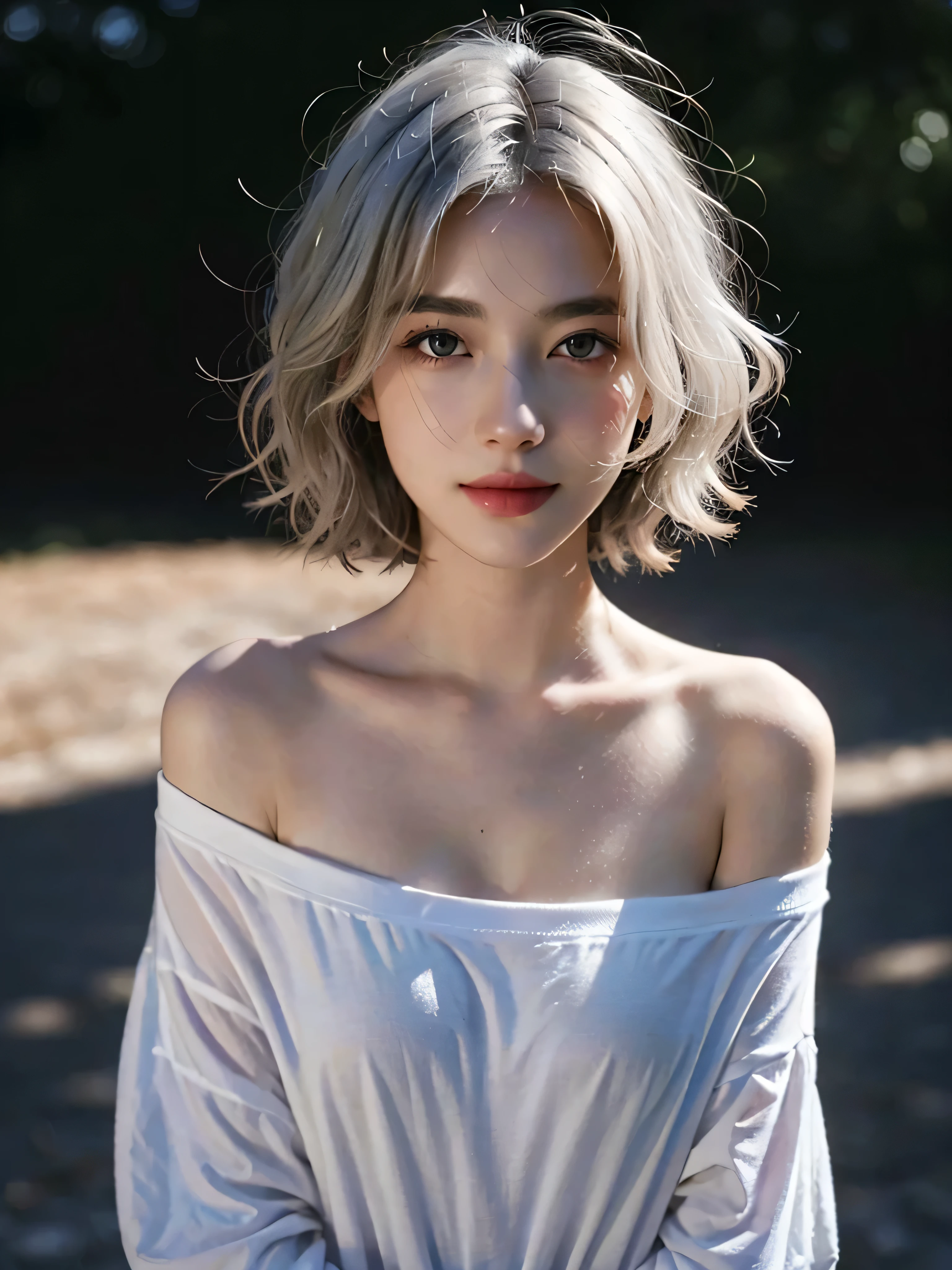 Best quality, masterpiece, ultra high res, (photorealistic:1.5), raw photo, 1girl, offshoulder, in the dark, deep shadow, low key, cold light, sexy look, white hair, short wavy hair, purple eyes, light smile, average breasts, white oversized t-shirt