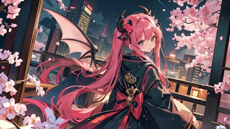 Japanese anime style.
Hong Kong at night, Park with dancing cherry blossoms.
A cute magical girl and a cool male demon king are enjoying the Parapara dance.
[Cute Magical Girl Features]
Long light green twin tails.
The hair accessories are beautiful, but、Ugly but cute mascot characters also appear.
She has a shiny magic wand with a big jewel on it.
[Characteristics of a male demon king]
He is handsome, Mature men in their 30s.
The head has horns、Her hair is very long and reddish purple。.
He is wearing a cool long coat, It comes with something like a mascot character..
It has large bat-like wings growing from its back..
Next to him is a small, cute dragon-like monster..