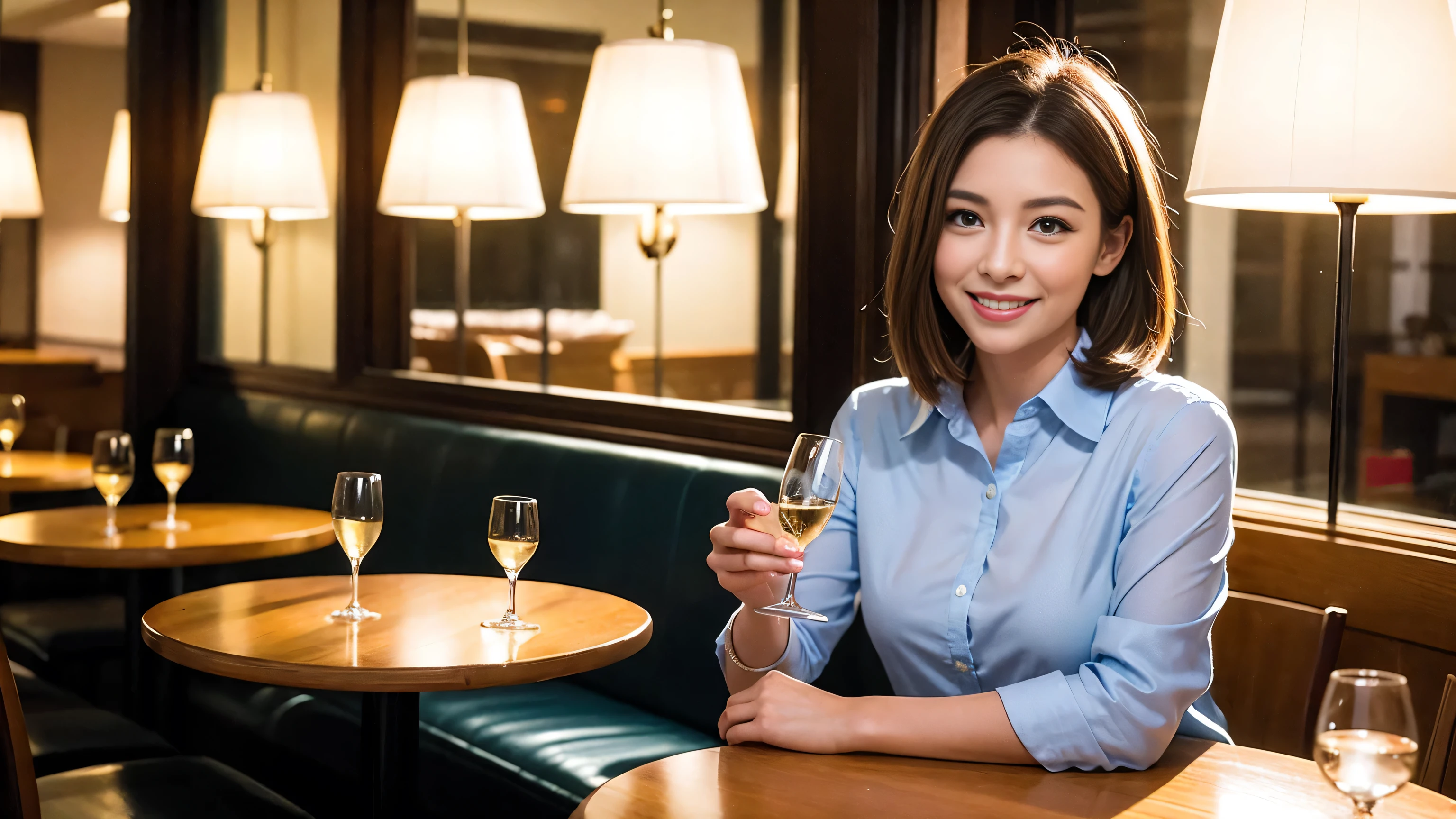 ((highest quality、8k、masterpiece:1.3))、Sharp focus:1.2、Beautiful woman perfect body:1.4、Slim body、((Bob Hale、Straight hair:1.2))、(to be born, highest quality, masterpiece:1.5), (Realistic, Intricate details:1.2), Ultra-high resolution, Put the light on your face、Amazing view of the sunset sky and clouds、Amazing mountain views、A bright smile、wine glass、red wine 、Appetizers、Italian food、Wine bottle、Champagne、sparkling wine、, Beautiful Face, blue eyes, The light shines on your face, Blushing, short hair,Bright Face、Fox face、 (36 years old), 39 years old, Lady、Two beauties、Brown Hair、Shortcuts、Long sleeve shirt、dress、Pretty Woman 1, (Slim face), (The body is slim), (Brown Hair), (Shortcuts), cheeks turn a little red,Attractive beauty、, Out of the window, A beautiful and detailed night view unfolds.........., restaurant, In a prominent place (From the waist up) Nova Frog Style, actress, model, Upper Body, White wine, slim, wine glass, A wine glass placed in the middle, smile, (smile: 1.15), Beautiful fine grain, Depth f/2,saturation, High Contrast, Strong light and shadow,Moist Body:1.5、3D texture、Delicate eyes、Brown Hair、The hair is very shiny、