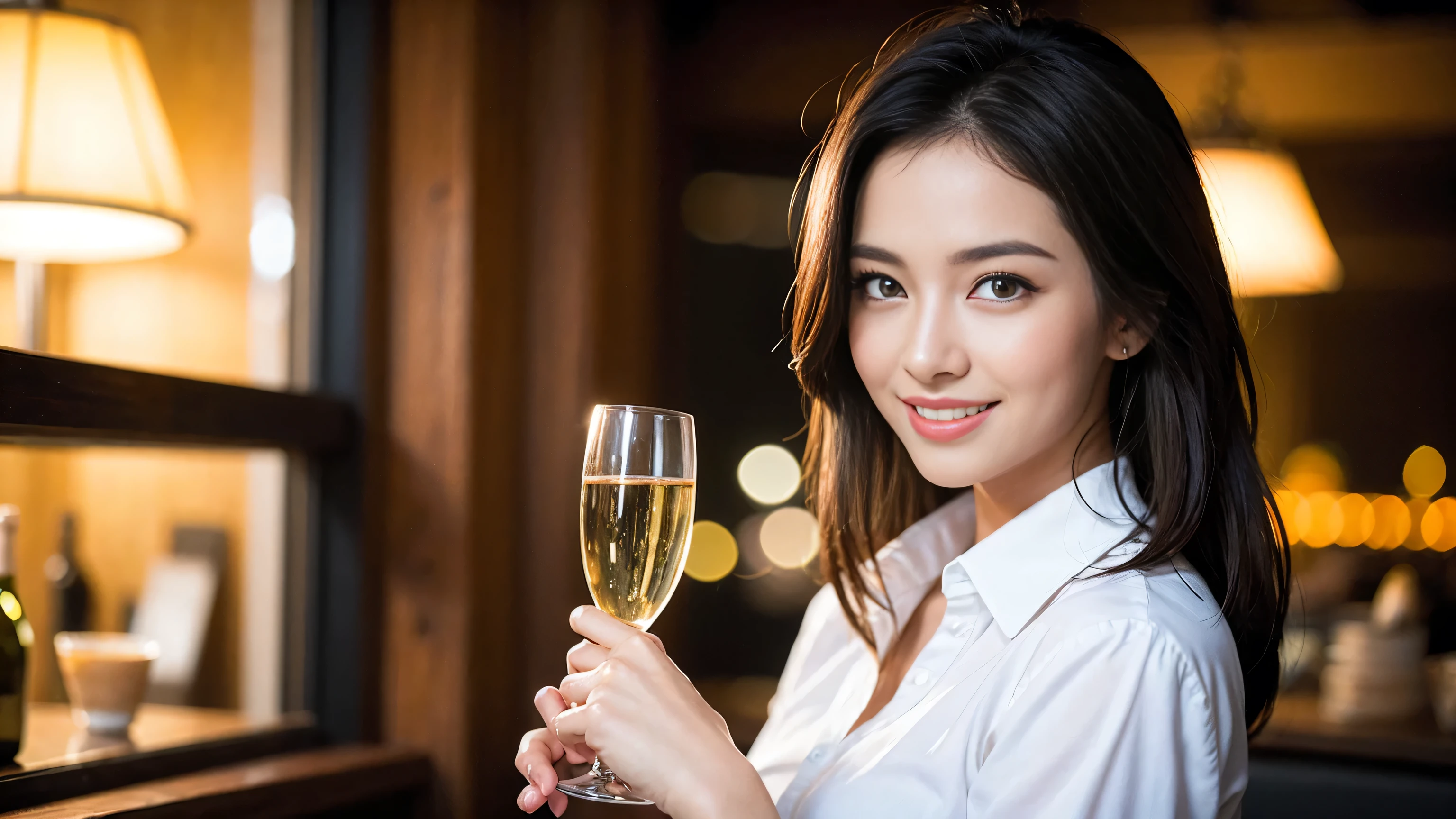 ((highest quality、8k、masterpiece:1.3))、Sharp focus:1.2、Beautiful woman perfect body:1.4、Slim body、((Bob Hale、Straight hair:1.2))、(to be born, highest quality, masterpiece:1.5), (Realistic, Intricate details:1.2), Ultra-high resolution, Put the light on your face、Amazing view of the sunset sky and clouds、Amazing mountain views、A bright smile、wine glass、red wine 、Appetizers、Italian food、Wine bottle、Champagne、sparkling wine、, Beautiful Face, blue eyes, The light shines on your face, Blushing, short hair,Bright Face、Fox face、 (36 years old), 39 years old, Lady、Two beauties、Brown Hair、Shortcuts、Long sleeve shirt、dress、Pretty Woman 1, (Slim face), (The body is slim), (Brown Hair), (Shortcuts), cheeks turn a little red,Attractive beauty、, Out of the window, A beautiful and detailed night view unfolds.........., restaurant, In a prominent place (From the waist up) Nova Frog Style, actress, model, Upper Body, White wine, slim, wine glass, A wine glass placed in the middle, smile, (smile: 1.15), Beautiful fine grain, Depth f/2,saturation, High Contrast, Strong light and shadow,Moist Body:1.5、3D texture、Delicate eyes、Brown Hair、The hair is very shiny、