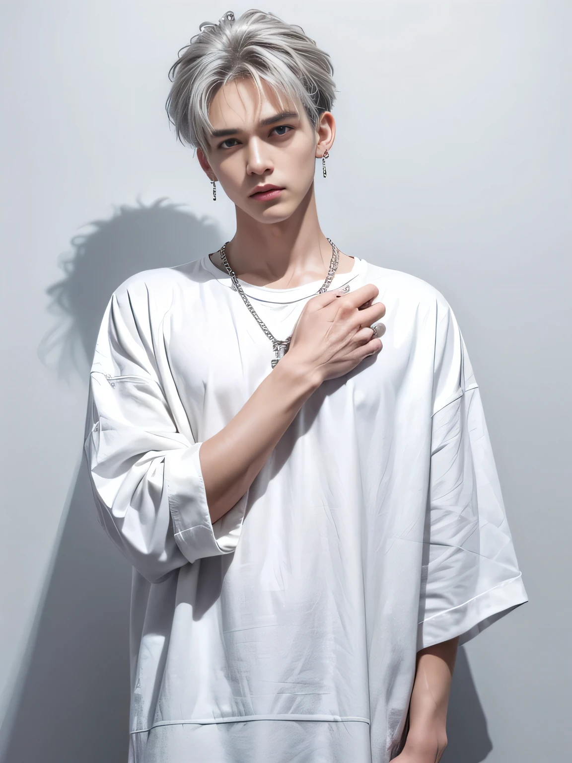 (8K, highest quality, High resolution, masterpiece :1.3), (White Background), handsome man, stylish, High sense, fashion, The outline is long and narrow, Eyes are long and narrow, wavy silver short hair, Oversized clothing, Baggy clothes, Upper Body, necklace, Earrings, graphic design, Strike a Pose, 