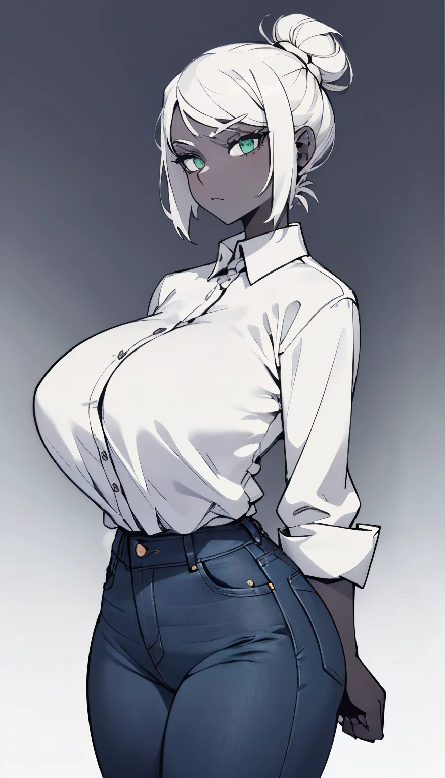 SFW, ((black grey skin Drow)), (gigantic breasts), firm breasts , tall girl, slim waist, curvy figure, arms behind back, (((white_hair, single_bun, short_hair))), ((green_eyes)), ((shirt, jeans))