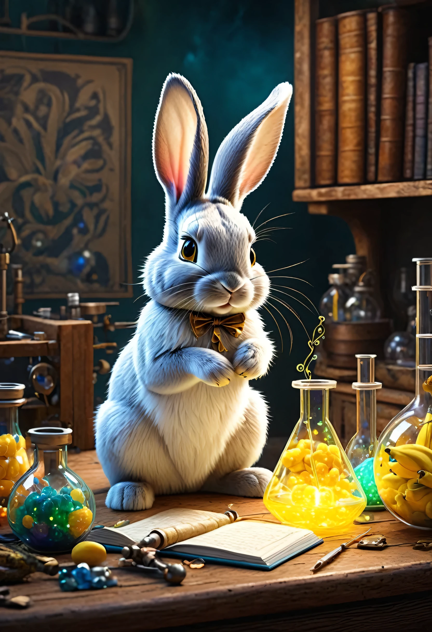 An enchanted bunny with vibrant, expressive eyes, a fluffy cotton-tail, and long, delicate ears. The bunny is meticulously detailed, with a soft, pastel-colored fur that shimmers in the light. It has an air of curiosity and intelligence, as if it possesses magical powers.

The laboratory is filled with scientific equipment and tools, but with a whimsical twist. The walls are lined with shelves containing jars of various sizes, filled with colorful liquids and glowing substances. Beakers bubble with excitement and test tubes emit sparks of magical energy. The bunny is surrounded by intricate machinery, enchanting crystals, and swirling smoke, creating an atmosphere of mystery and wonder.

In the center of the laboratory, there is a large, wooden table where the bunny conducts its research. On the table, there are piles of ripe, yellow bananas, carefully arranged in a pattern. The bunny uses sophisticated instruments to study the bananas, taking notes and making observations. Its research is aimed at unraveling the secrets of the bananas, whether they hold a hidden power or a secret message.

The artwork is rendered in a medium resembling a fantasy illustration, combining elements of digital painting and traditional hand-drawn techniques. The colors are vibrant and rich, with a touch of ethereal glow. The lighting is soft and diffused, creating a warm and inviting atmosphere in the laboratory.

The overall quality of the artwork is of the highest caliber, with ultra-detailed rendering that brings every small enchanting detail to life. The bunny's fur is so realistic that you can almost feel its softness, while the laboratory equipment gleams with intricate textures and reflections. The bananas are depicted in such detail that you can almost taste their sweet, tropical flavor.

The style of the artwork leans towards a blend of fantasy and realism, with a touch of whimsy. It captures the imagination and sparks curiosity, inviting the viewer to enter the world of the enc