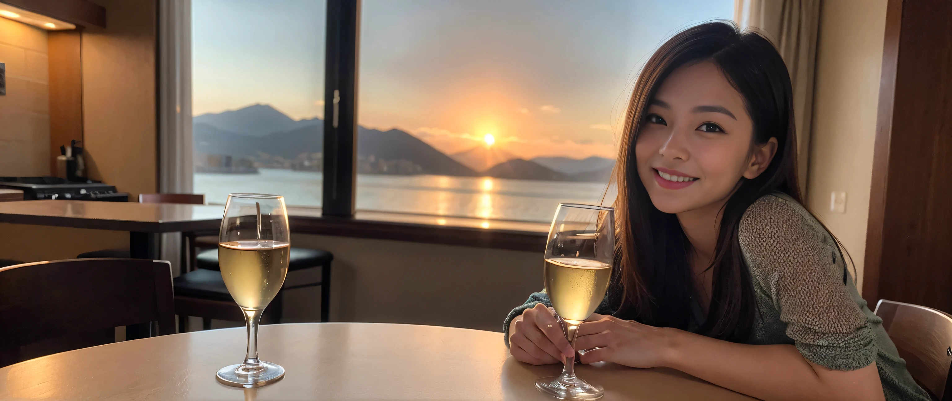 ((highest quality、8k、masterpiece:1.3))、Sharp focus:1.2、Beautiful woman perfect body:1.4、Slim body、((Bob Hale、Straight hair:1.2))、(to be born, highest quality, masterpiece:1.5), (Realistic, Intricate details:1.2), Ultra-high resolution, Shine light on your face、Amazing view of the sunset sky and clouds、Amazing mountain views、A bright smile、wine glass、red wine 、Appetizers、Italian food、Wine bottle、Champagne、sparkling wine、, Beautiful Face, blue eyes, The light shines on your face, Blushing, short hair,Bright Face、Fox face、 (42 years old), 39 years old, Lady、Two beauties、Brown Hair、Shortcuts、Long sleeve shirt、dress、Pretty Woman 1, (Slim face), (The body is slim), (Brown Hair), (Shortcuts), cheeks turn a little red,Attractive beauty、, Out of the window, A beautiful and detailed night view unfolds.........., restaurant, In a prominent place (From the waist up) Nova Frog Style, actress, model, Upper Body, White wine, slim, wine glass, A wine glass placed in the middle, smile, (smile: 1.15), Beautiful fine grain, Depth f/2,saturation, High Contrast, Strong light and shadow,Moist Body:1.5、3D texture、Delicate eyes、Brown Hair、The hair is very shiny、