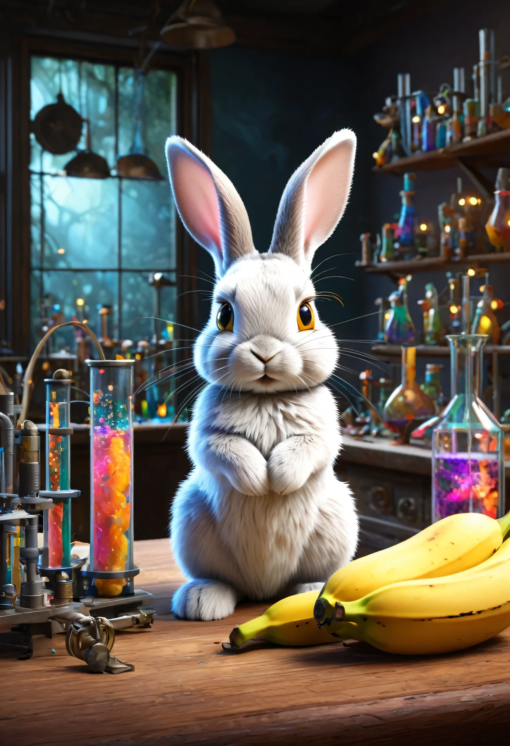 An enchanted bunny with vibrant, expressive eyes, a fluffy cotton-tail, and long, delicate ears. The bunny is meticulously detailed, with a soft, pastel-colored fur that shimmers in the light. It has an air of curiosity and intelligence, as if it possesses magical powers.

The laboratory is filled with scientific equipment and tools, but with a whimsical twist. The walls are lined with shelves containing jars of various sizes, filled with colorful liquids and glowing substances. Beakers bubble with excitement and test tubes emit sparks of magical energy. The bunny is surrounded by intricate machinery, enchanting crystals, and swirling smoke, creating an atmosphere of mystery and wonder.

In the center of the laboratory, there is a large, wooden table where the bunny conducts its research. On the table, there are piles of ripe, yellow bananas, carefully arranged in a pattern. The bunny uses sophisticated instruments to study the bananas, taking notes and making observations. Its research is aimed at unraveling the secrets of the bananas, whether they hold a hidden power or a secret message.

The artwork is rendered in a medium resembling a fantasy illustration, combining elements of digital painting and traditional hand-drawn techniques. The colors are vibrant and rich, with a touch of ethereal glow. The lighting is soft and diffused, creating a warm and inviting atmosphere in the laboratory.

The overall quality of the artwork is of the highest caliber, with ultra-detailed rendering that brings every small enchanting detail to life. The bunny's fur is so realistic that you can almost feel its softness, while the laboratory equipment gleams with intricate textures and reflections. The bananas are depicted in such detail that you can almost taste their sweet, tropical flavor.

The style of the artwork leans towards a blend of fantasy and realism, with a touch of whimsy. It captures the imagination and sparks curiosity, inviting the viewer to enter the world of the enc