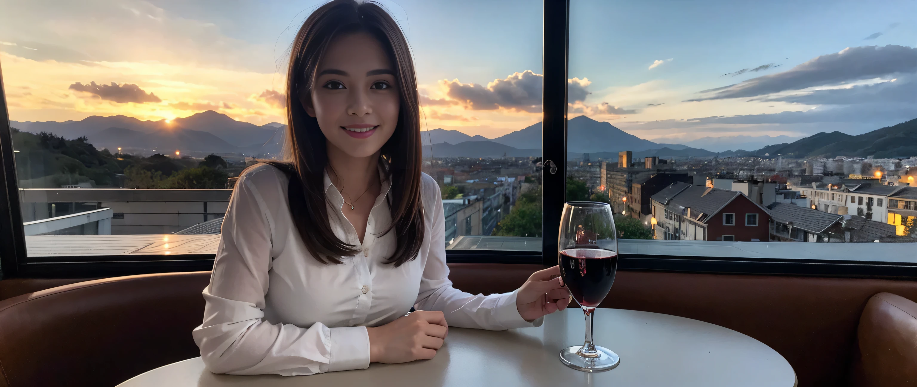 ((highest quality、8k、masterpiece:1.3))、Sharp focus:1.2、Beautiful woman perfect body:1.4、Slim body、((Bob Hale、Straight hair:1.2))、(to be born, highest quality, masterpiece:1.5), (Realistic, Intricate details:1.2), Ultra-high resolution, Shine light on your face、Amazing view of the sunset sky and clouds、Amazing mountain views、A bright smile、wine glass、red wine 、Appetizers、Italian food、Wine bottle、Champagne、sparkling wine、, Beautiful Face, blue eyes, The light shines on your face, Blushing, short hair,Bright Face、Fox face、 (42 years old), 39 years old, Lady、Two beauties、Brown Hair、Shortcuts、Long sleeve shirt、dress、Pretty Woman 1, (Slim face), (The body is slim), (Brown Hair), (Shortcuts), cheeks turn a little red,Attractive beauty、, Out of the window, A beautiful and detailed night view unfolds.........., restaurant, In a prominent place (From the waist up) Nova Frog Style, actress, model, Upper Body, White wine, slim, wine glass, A wine glass placed in the middle, smile, (smile: 1.15), Beautiful fine grain, Depth f/2,saturation, High Contrast, Strong light and shadow,Moist Body:1.5、3D texture、Delicate eyes、Brown Hair、The hair is very shiny、